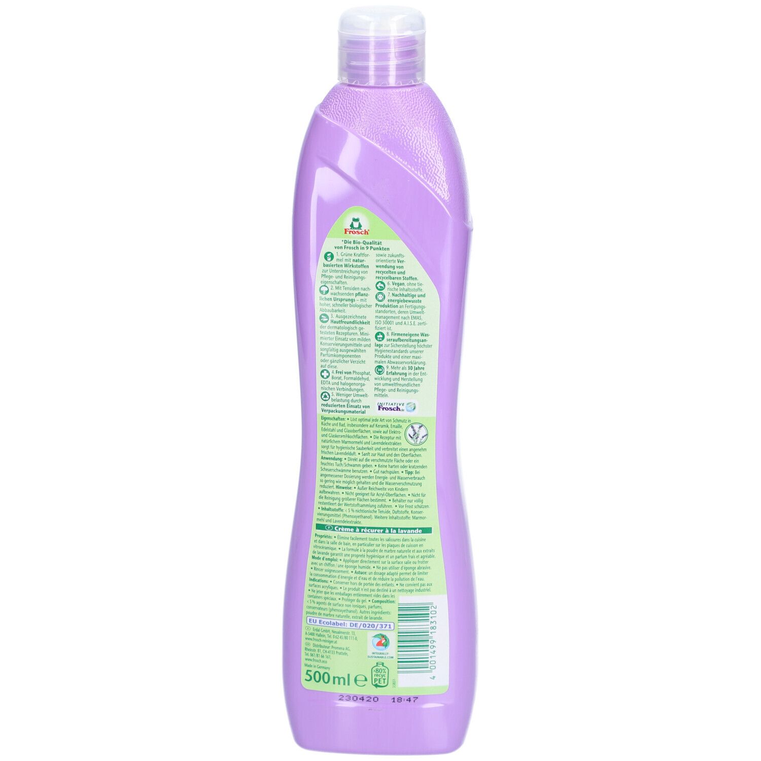 Rückseite der Flasche. Lila Flasche mit Text und grünen Elementen. Frosch-Logo. Text und Informationen zur Produktverwendung.