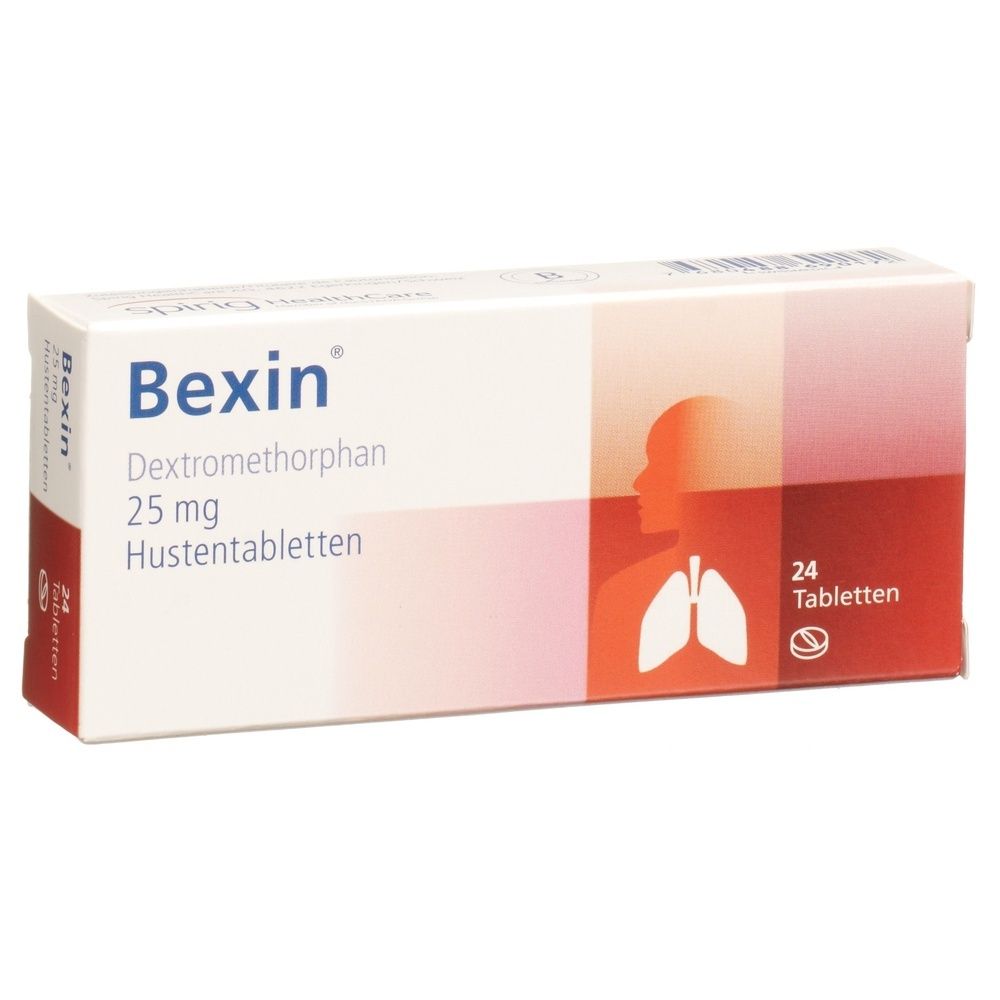 Boîte de comprimés contre la toux BEXIN. Contient 24 comprimés. Nom du produit, ingrédient et dosage imprimés.