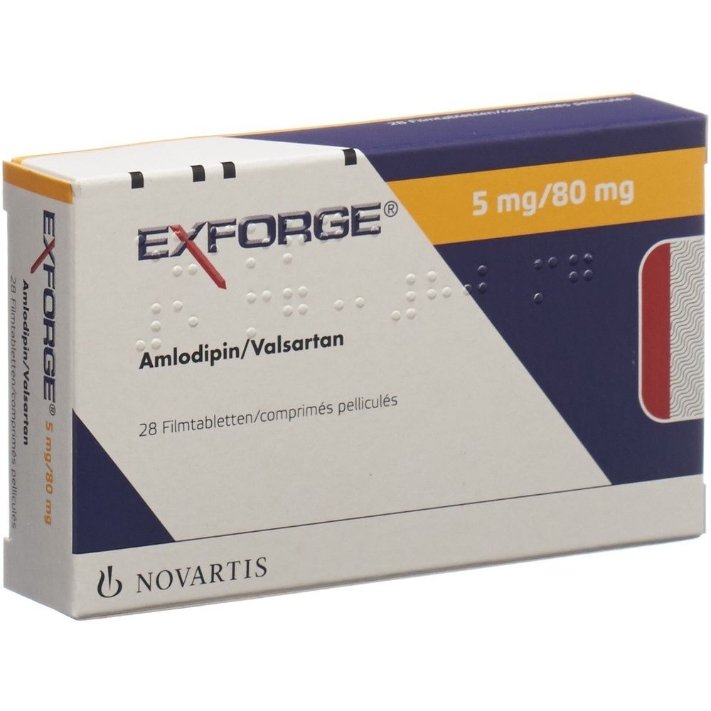 Arzneimittelverpackung mit der Aufschrift EXFORGE, 5 mg/80 mg. Enthält 28 Filmtabletten. Hersteller: Novartis.
