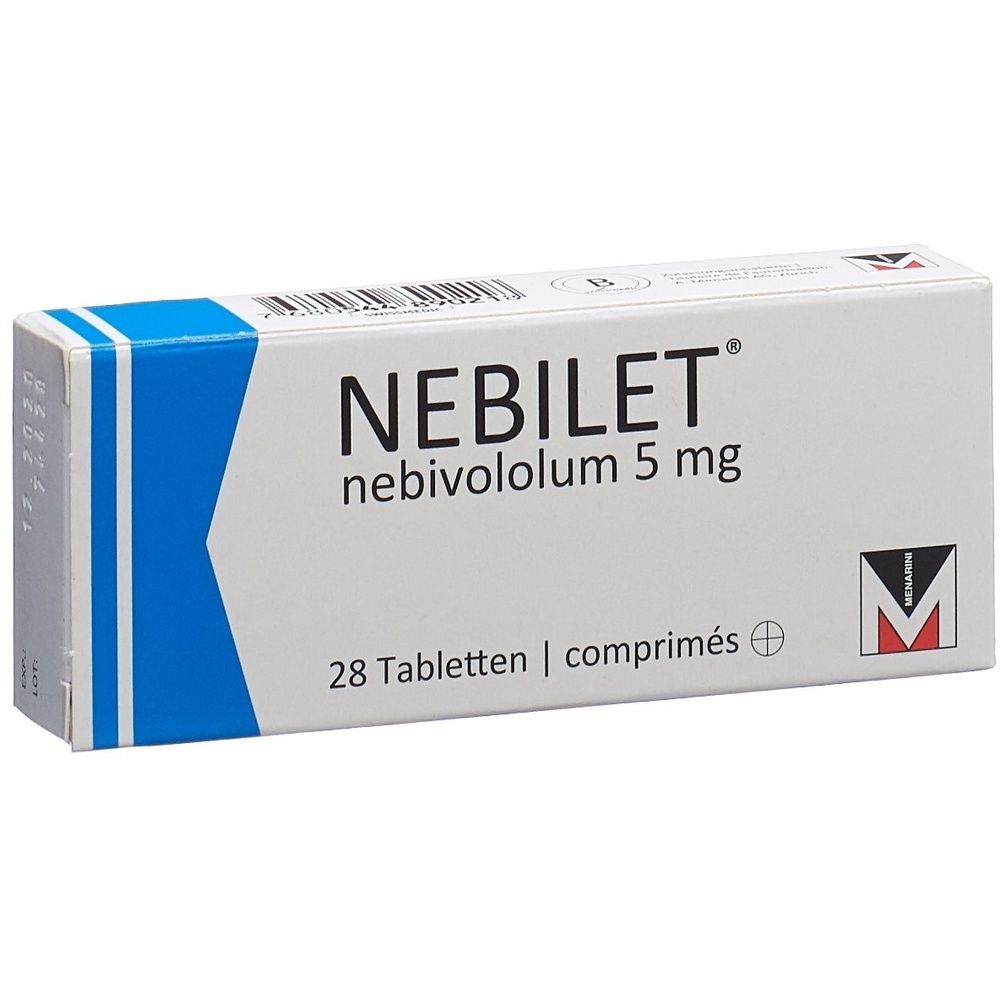 Schachtel mit NEBILET Tabletten. Aufschrift: Nebivololum 5 mg, 28 Tabletten. Logo: M. Weiße Verpackung mit blauem Akzent.