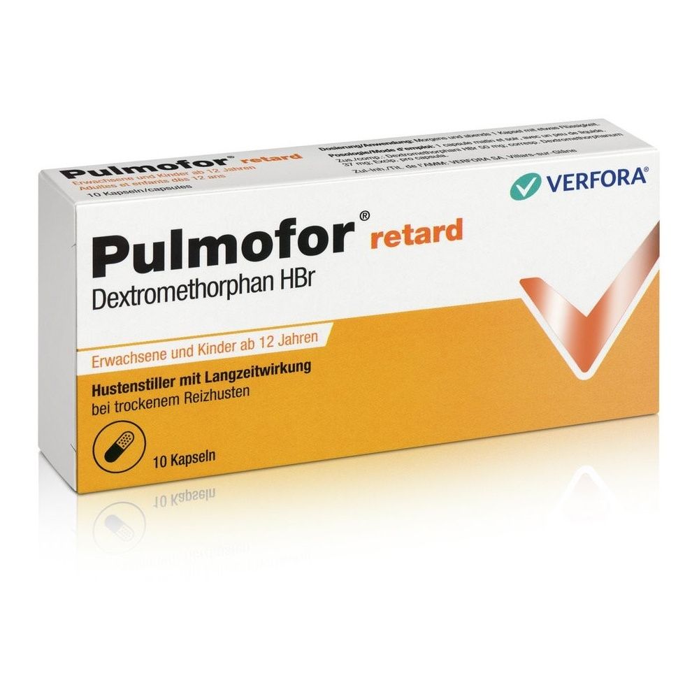 Verpackung von Pulmofor retard. Weiß-orangefarbene Schachtel mit Produktnamen, Inhaltsstoff und Logo. Enthält 10 Kapseln.
