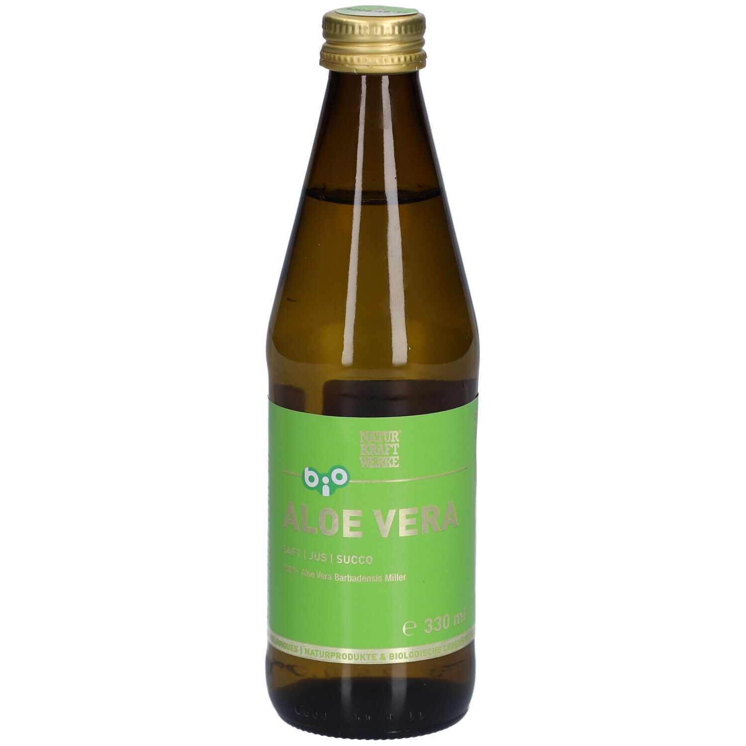 Bouteille en verre brun avec étiquette verte. Inscription : Bio Aloe Vera Saft. Bouchon à vis doré.