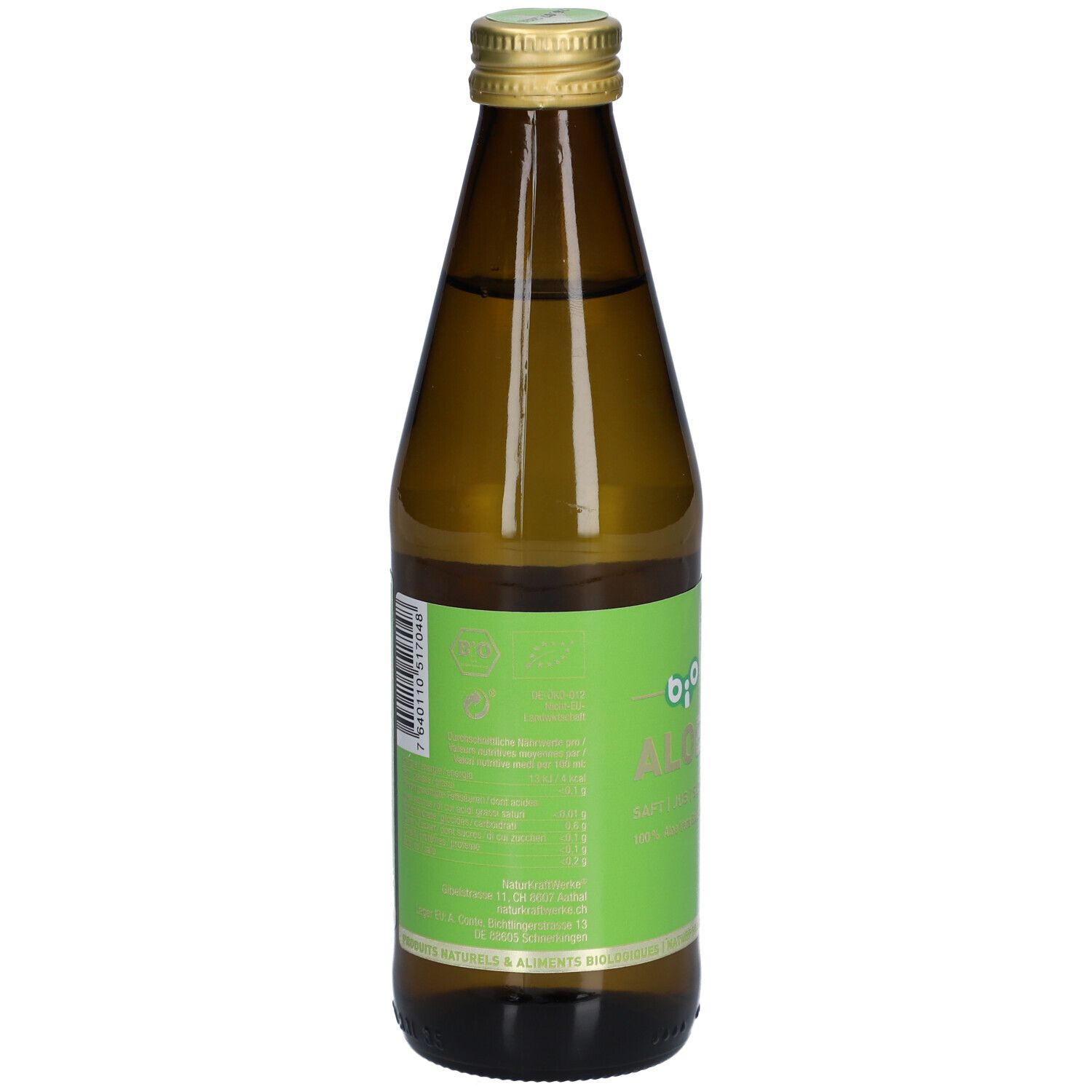 Vue arrière de la bouteille en verre brun avec étiquette verte. Texte et code-barres sur l'étiquette.