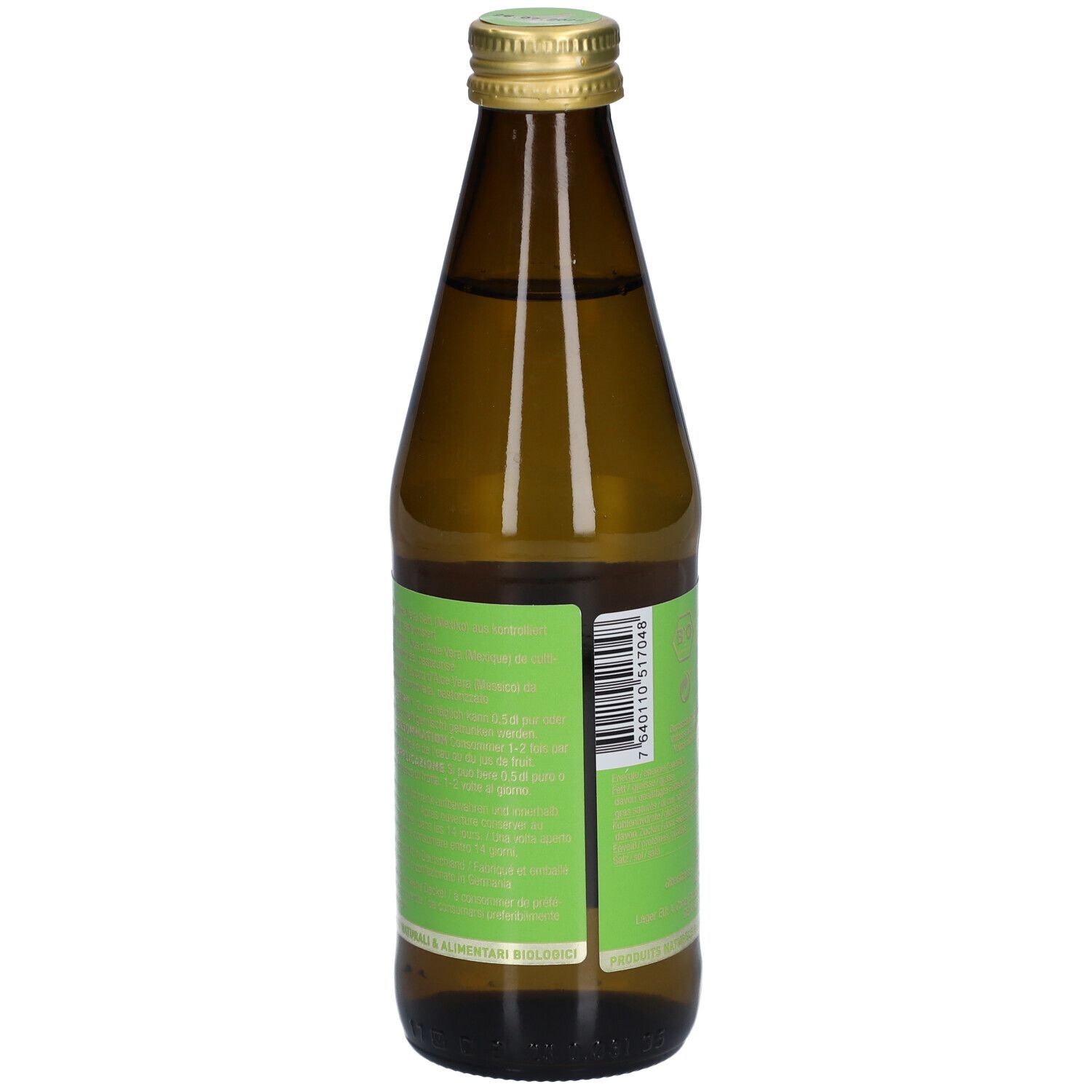 Vue arrière de la bouteille en verre brun avec étiquette verte. Texte et code-barres sur l'étiquette.