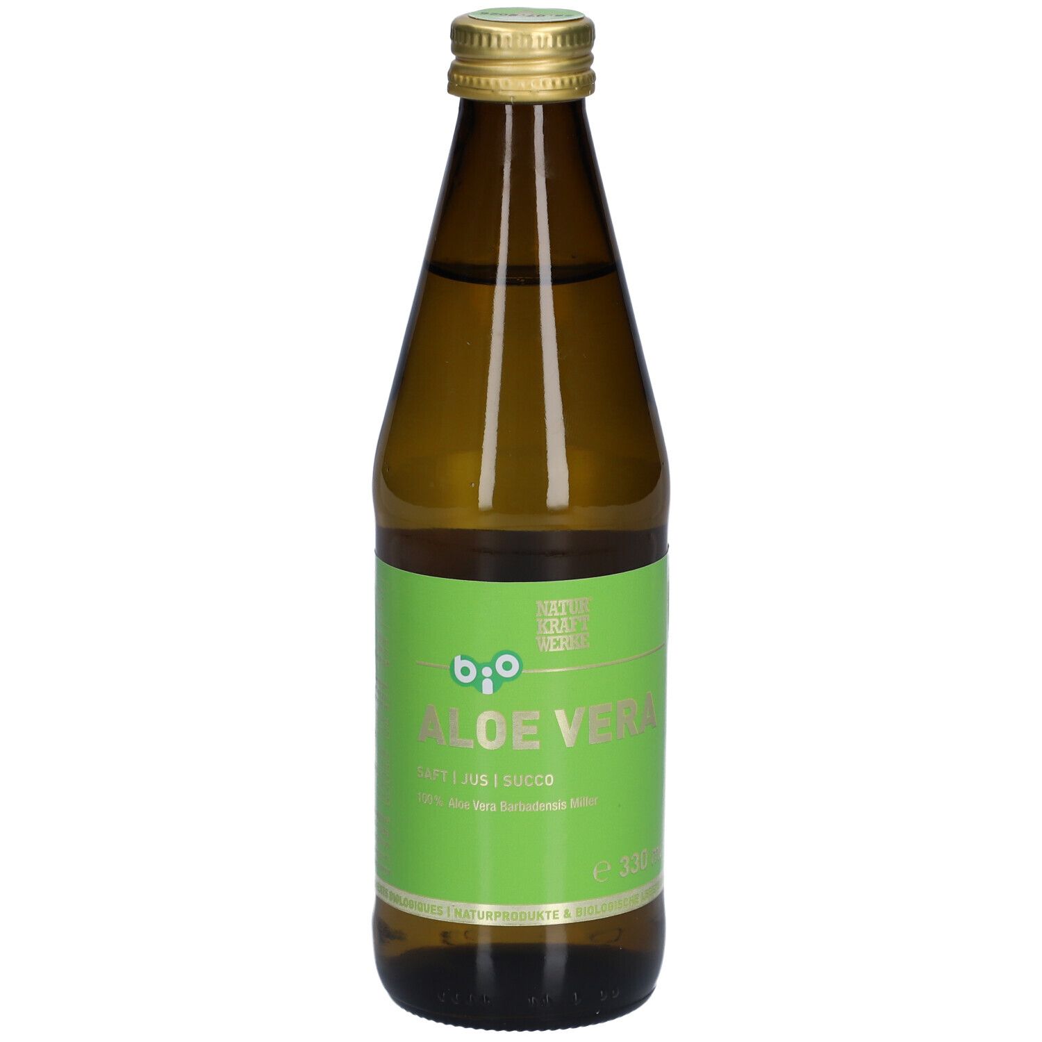 Bouteille en verre brun avec étiquette verte. Inscription : Bio Aloe Vera Saft. Bouchon à vis doré.