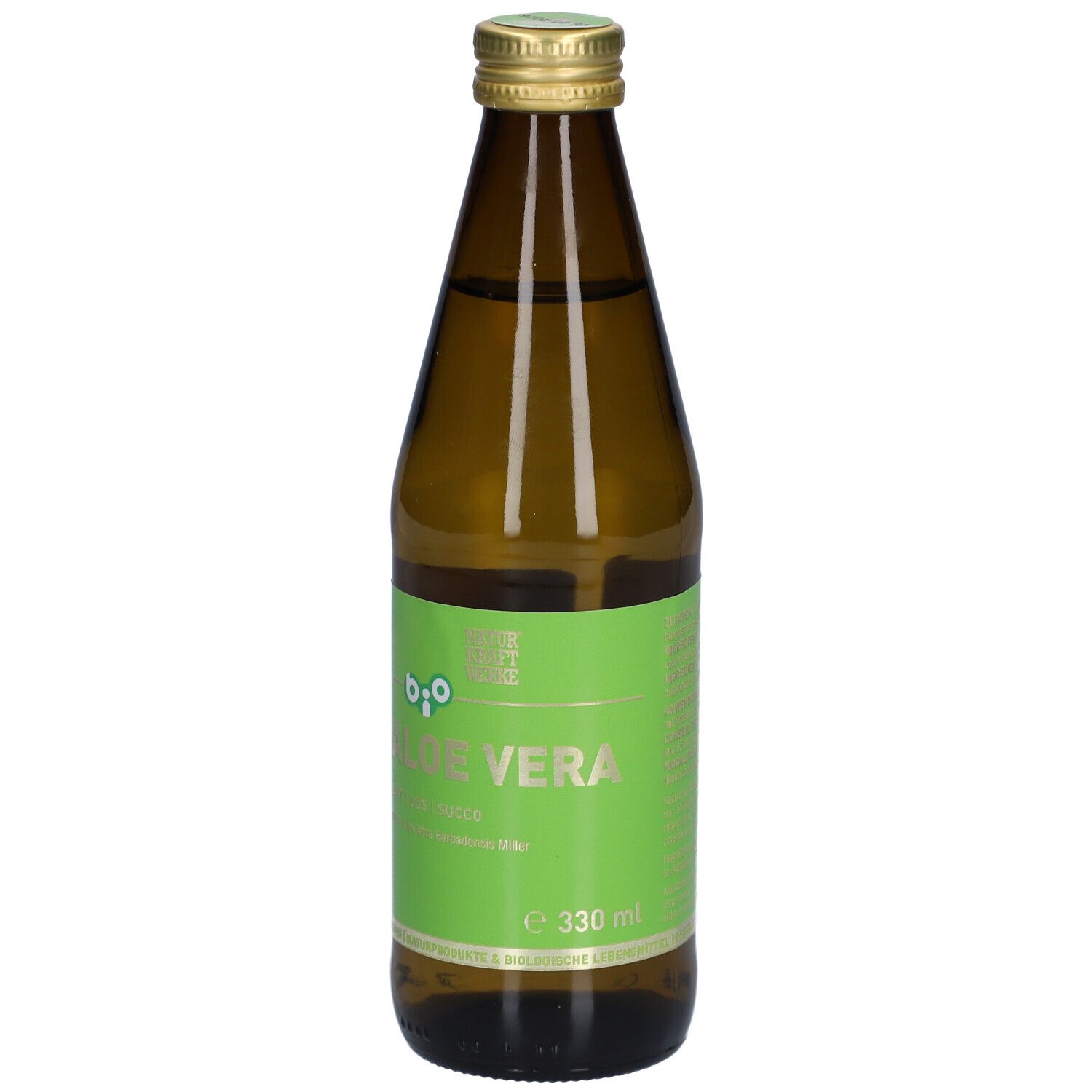 Bouteille en verre brun avec étiquette verte. Inscription : Bio Aloe Vera Saft. Bouchon doré. Volume : 330 ml.
