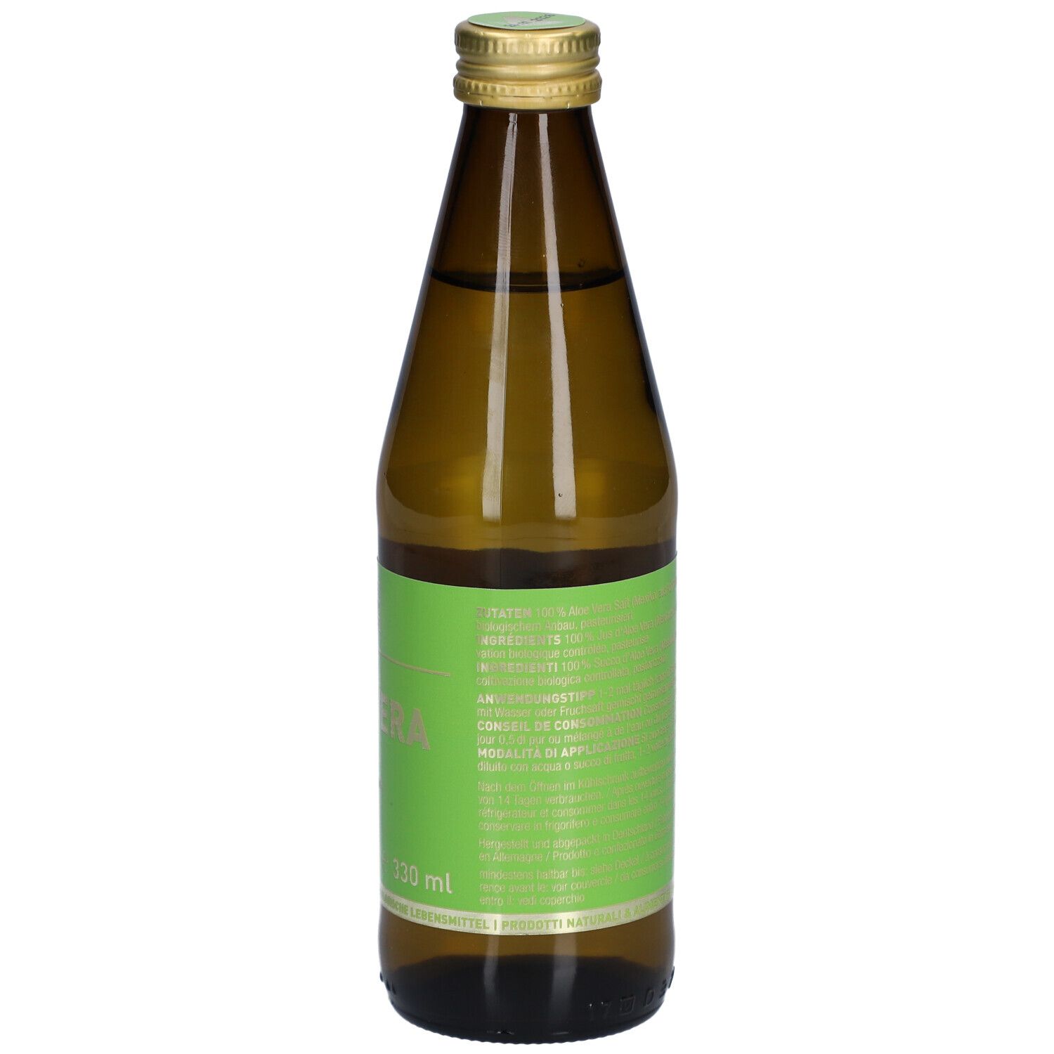 Vue arrière de la bouteille en verre brun avec étiquette verte. Texte et indication de volume : 330 ml.