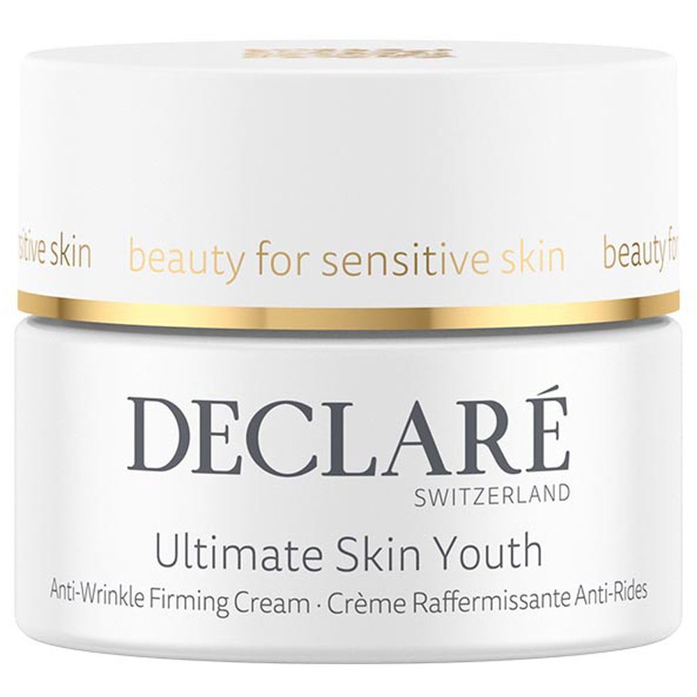 Weißes Tiegel mit goldfarbenem Rand. Schriftzug: DECLARÉ, Ultimate Skin Youth, Anti-Wrinkle Firming Cream.