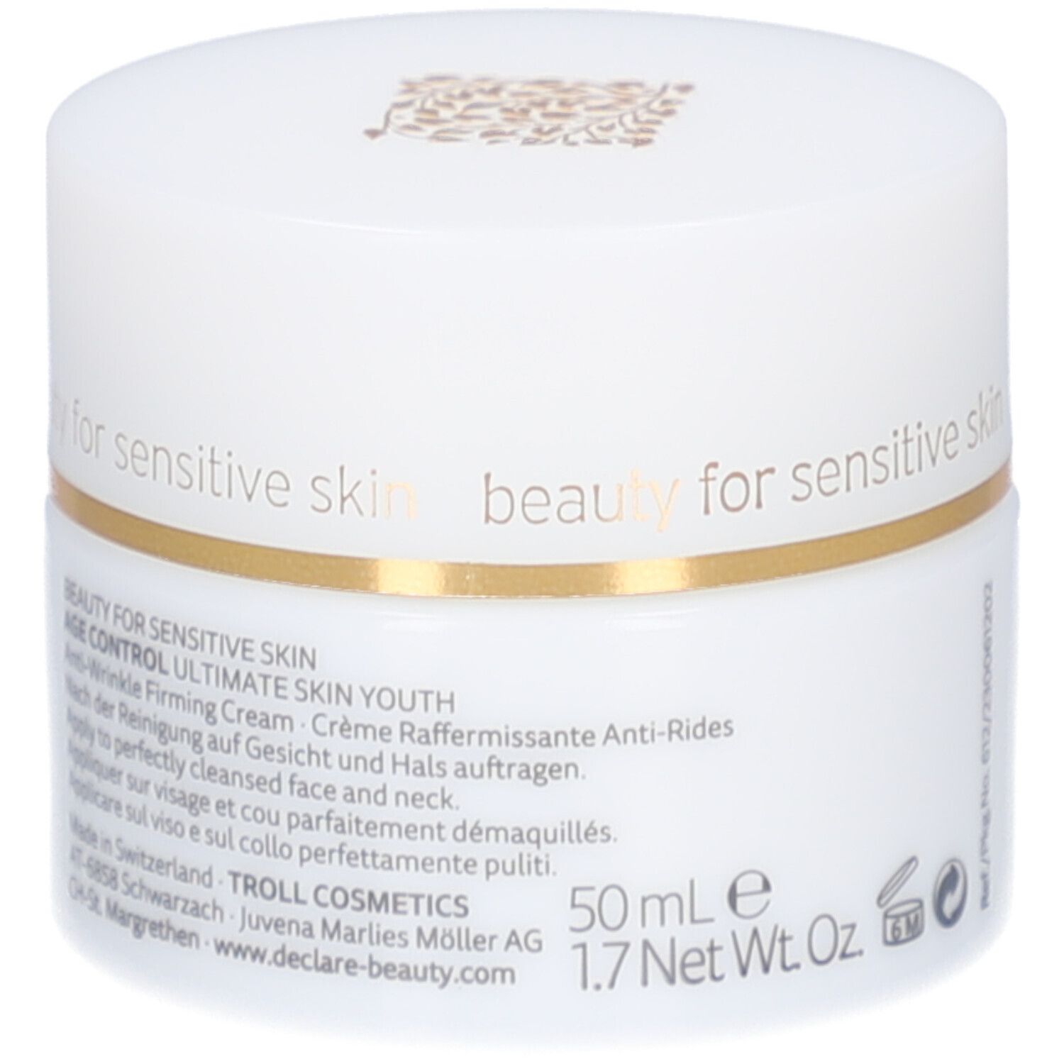 Weißer Tiegel mit Deckel. Goldfarbener Ring. Aufschrift: DECLARE. Text auf der Seite, darunter 50 ml.