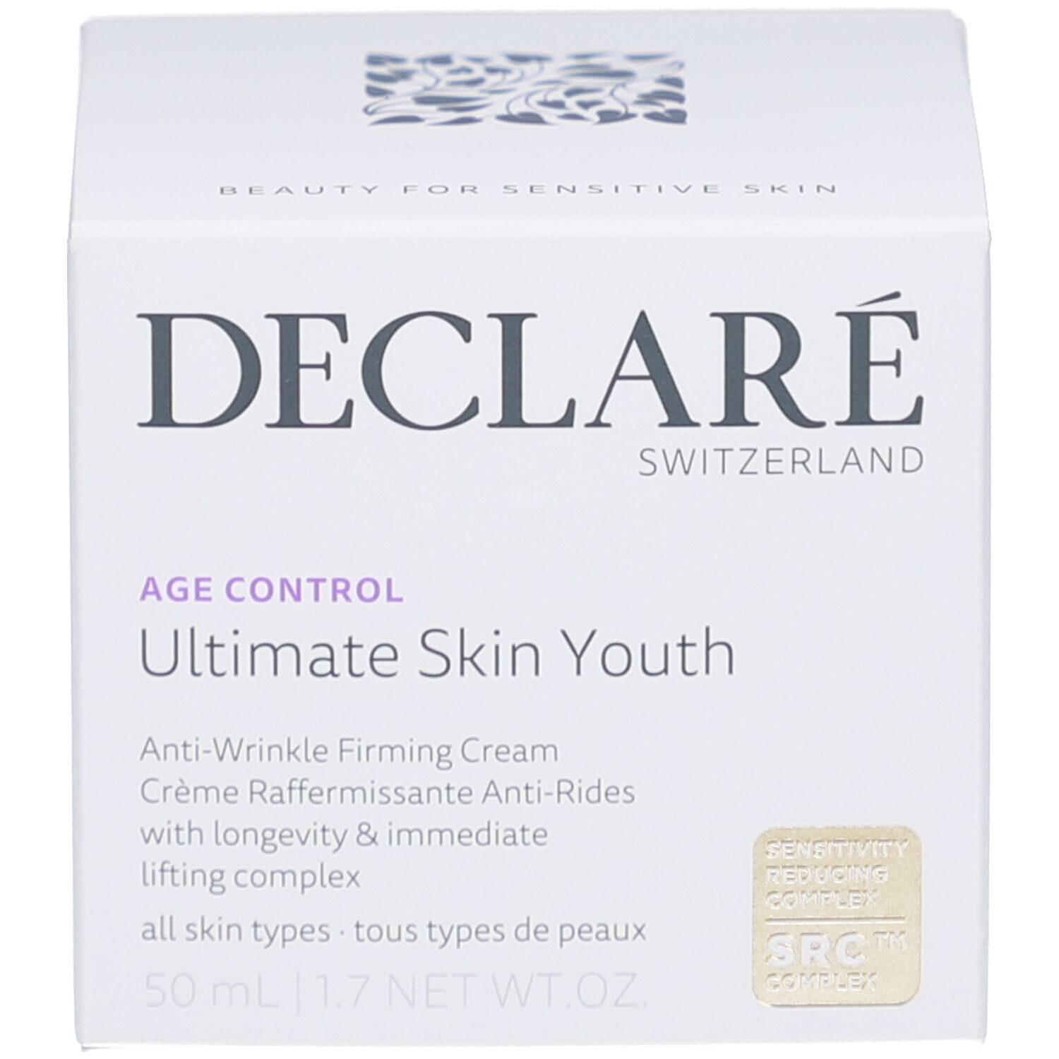 Weiße Produktverpackung. Aufschrift: DECLARE, Ultimate Skin Youth Anti-Wrinkle Firming Cream. 50 ml.