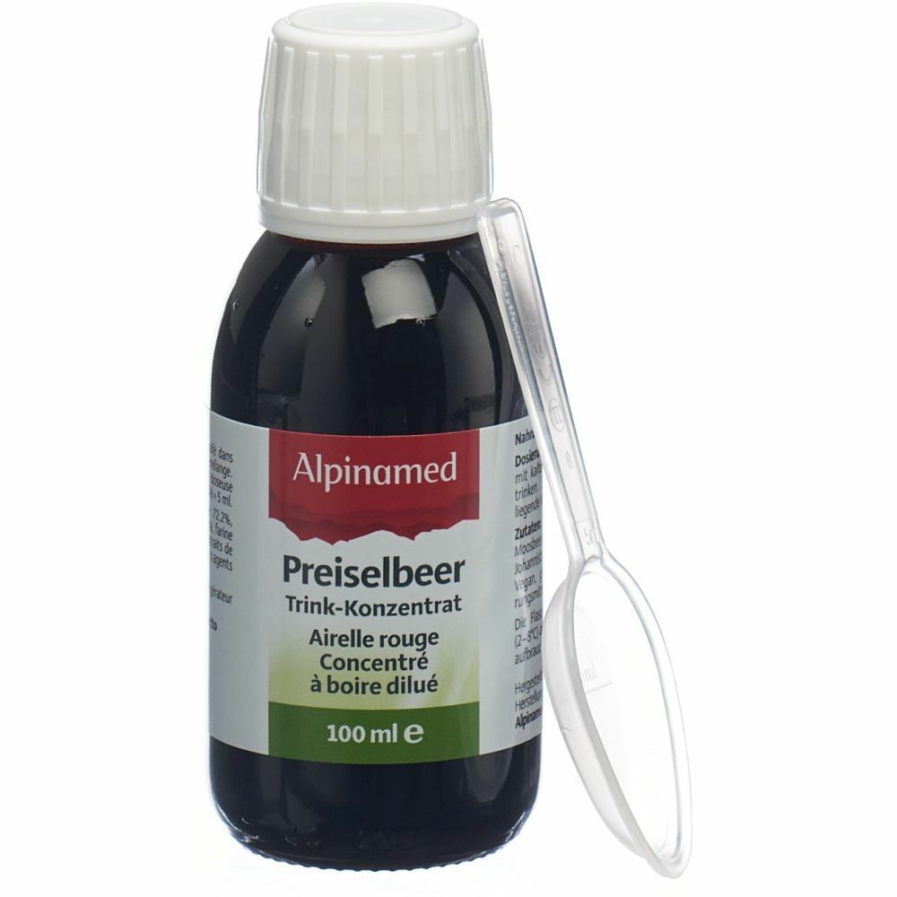 ALPINAMED Preiselbeer Trink-Konzentrat in einer Flasche. 100 ml. Mit Messlöffel.