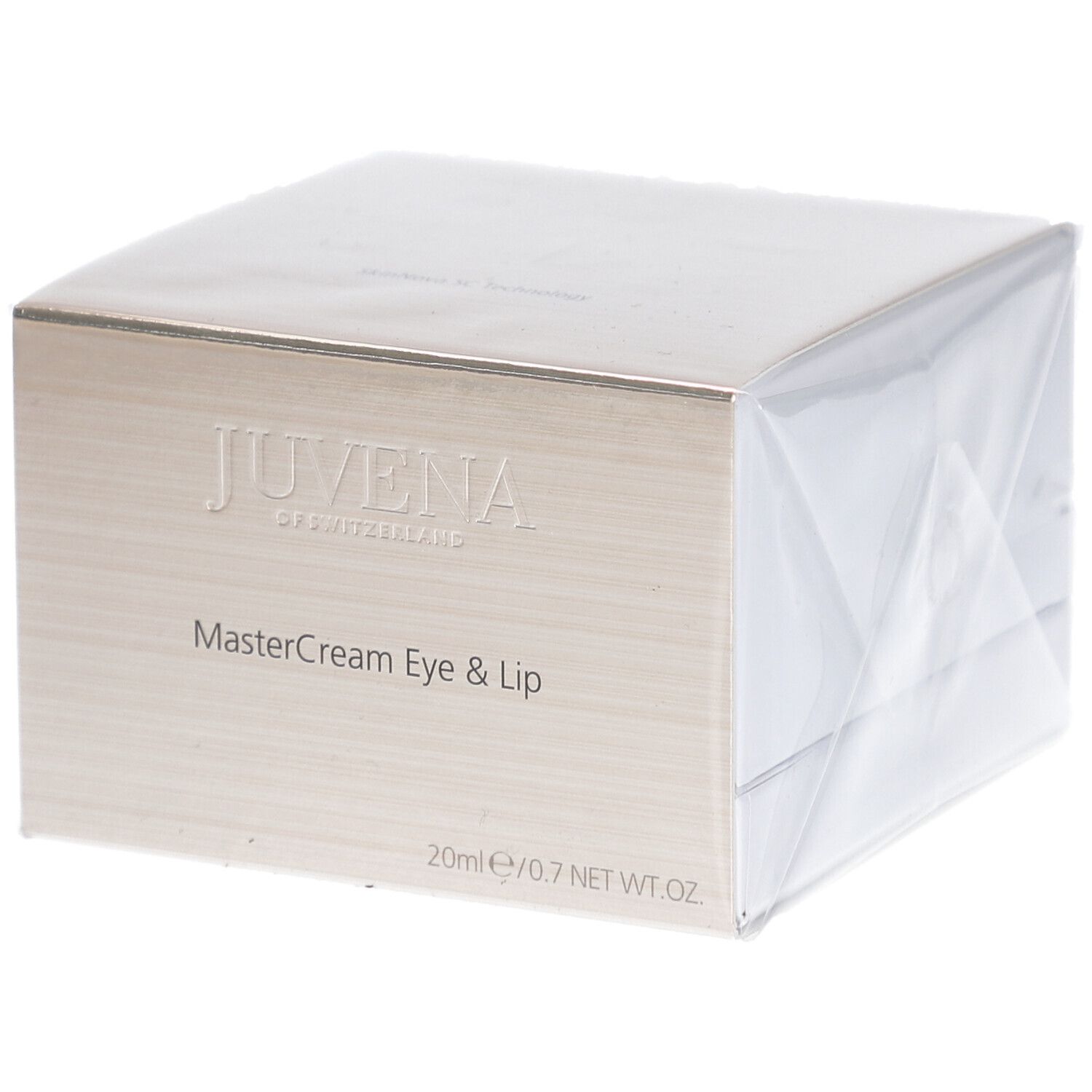 Verpackung von Juvena Mastercream Eye & Lip. Quadratische, goldfarbene Schachtel mit Produktnamen und Logo. 20ml/0.7 NET WT.