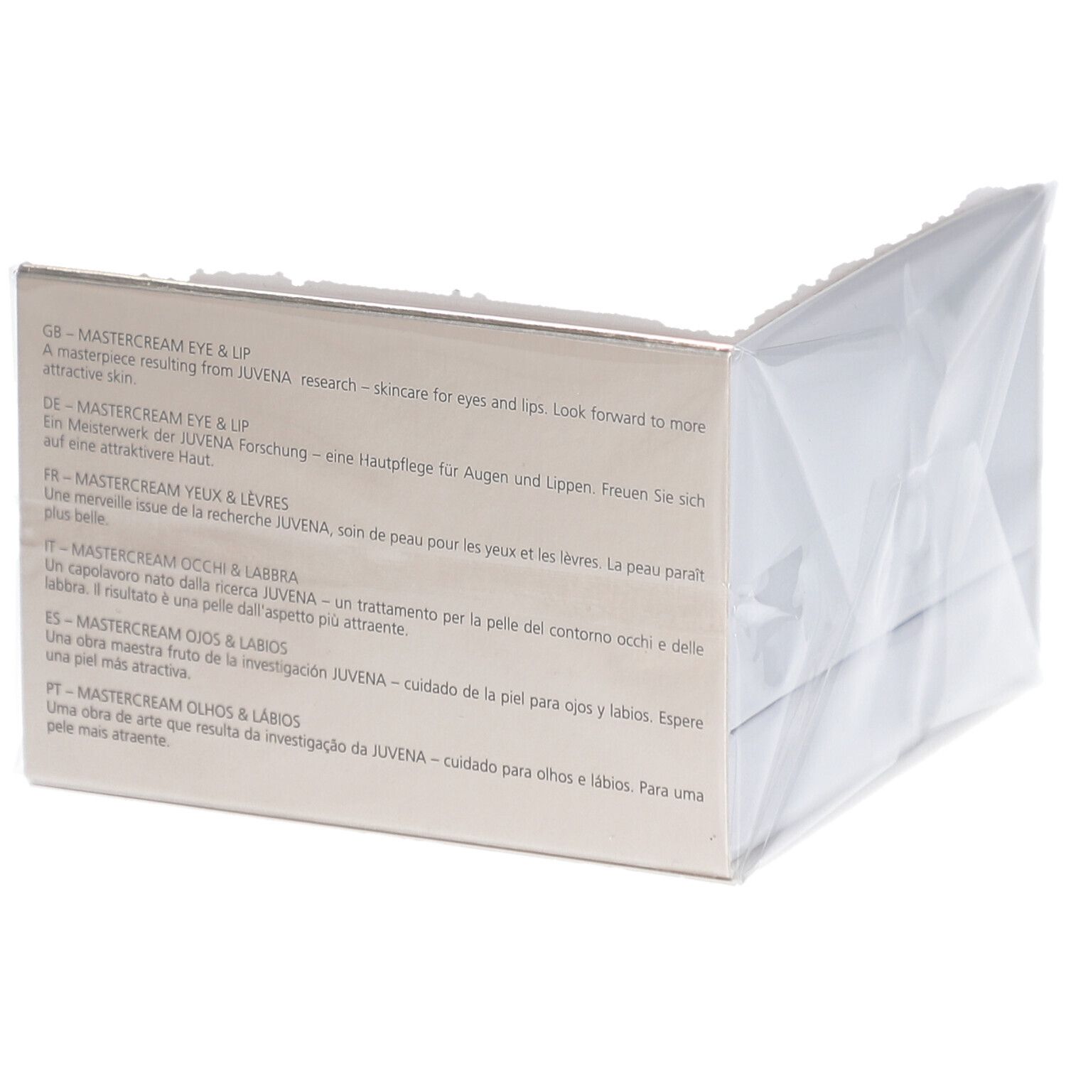 Rückseite der Juvena Mastercream Eye & Lip Verpackung. Text in mehreren Sprachen. Quadratische, goldfarbene Schachtel.