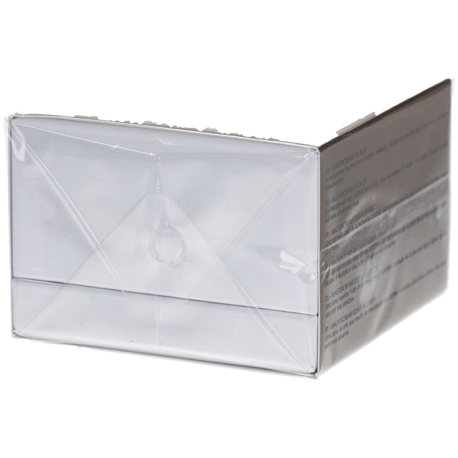 Unterseite der Juvena Mastercream Eye & Lip Verpackung. Quadratische, goldfarbene Schachtel.