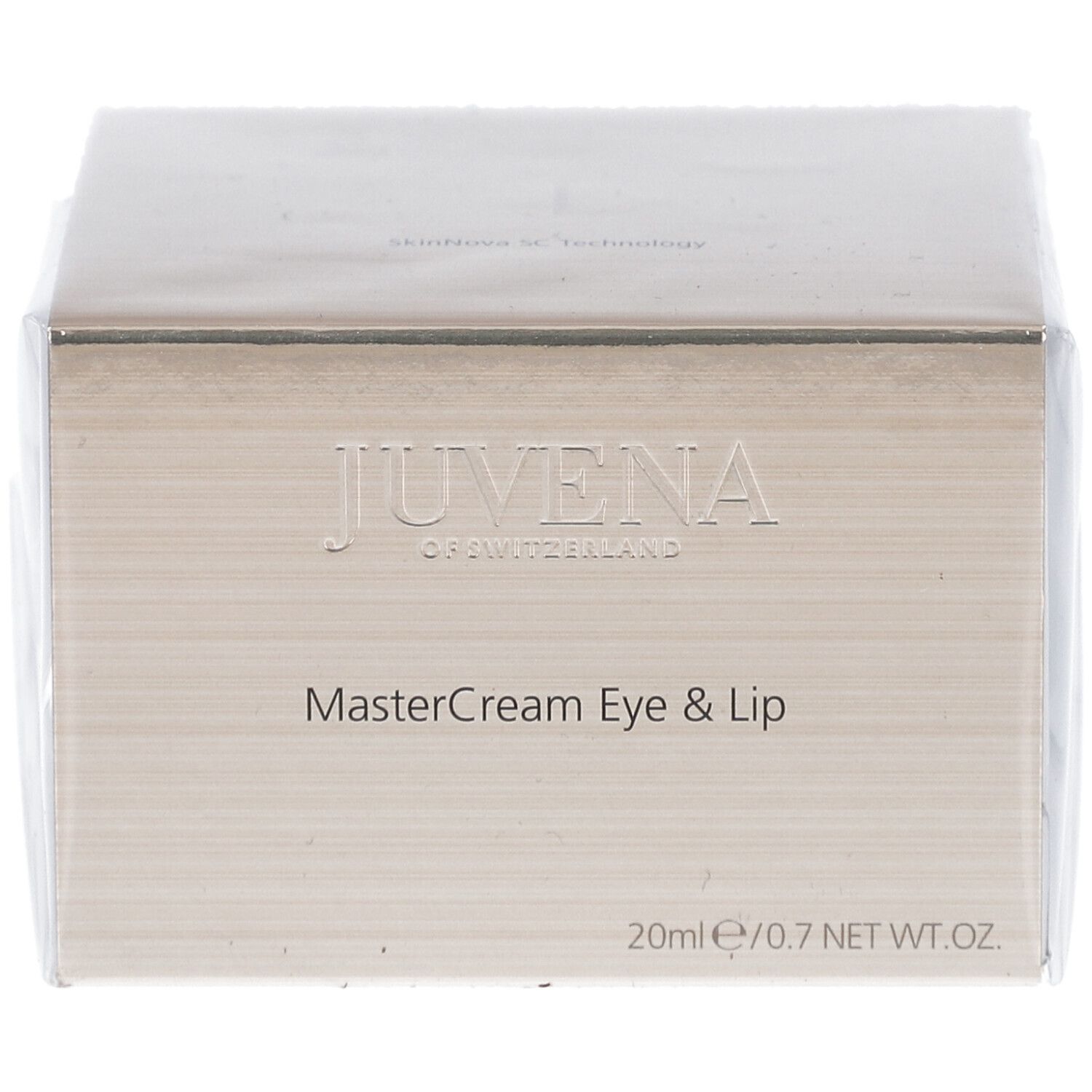 Verpackung von Juvena Mastercream Eye & Lip. Quadratische, goldfarbene Schachtel mit Produktnamen und Logo. 20ml/0.7 NET WT.