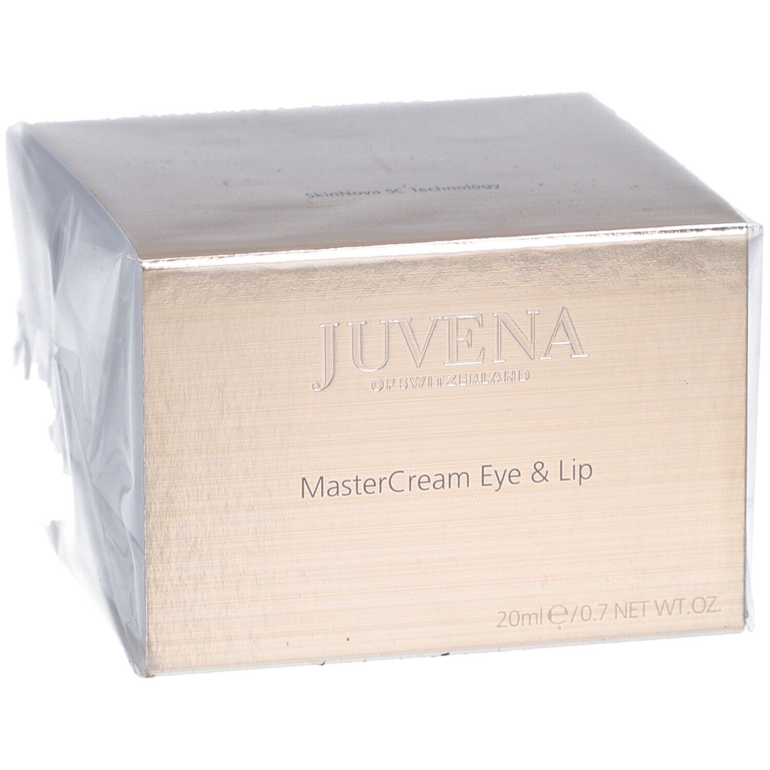 Verpackung von Juvena Mastercream Eye & Lip. Quadratische, goldfarbene Schachtel mit Produktnamen und Logo. 20ml/0.7 NET WT.