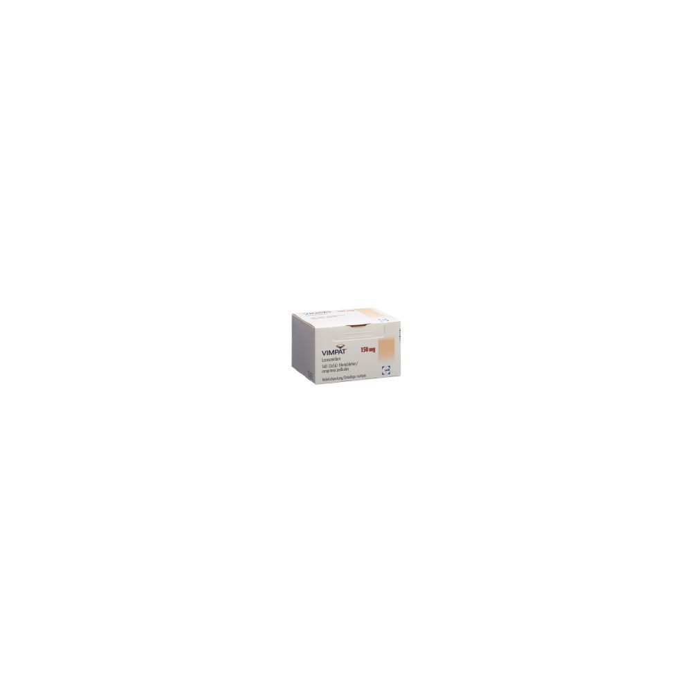 Karton mit Produktinformationen. Aufschrift: VIMPAT, 150 mg. Verpackung mit 3 x 56 Tabletten.