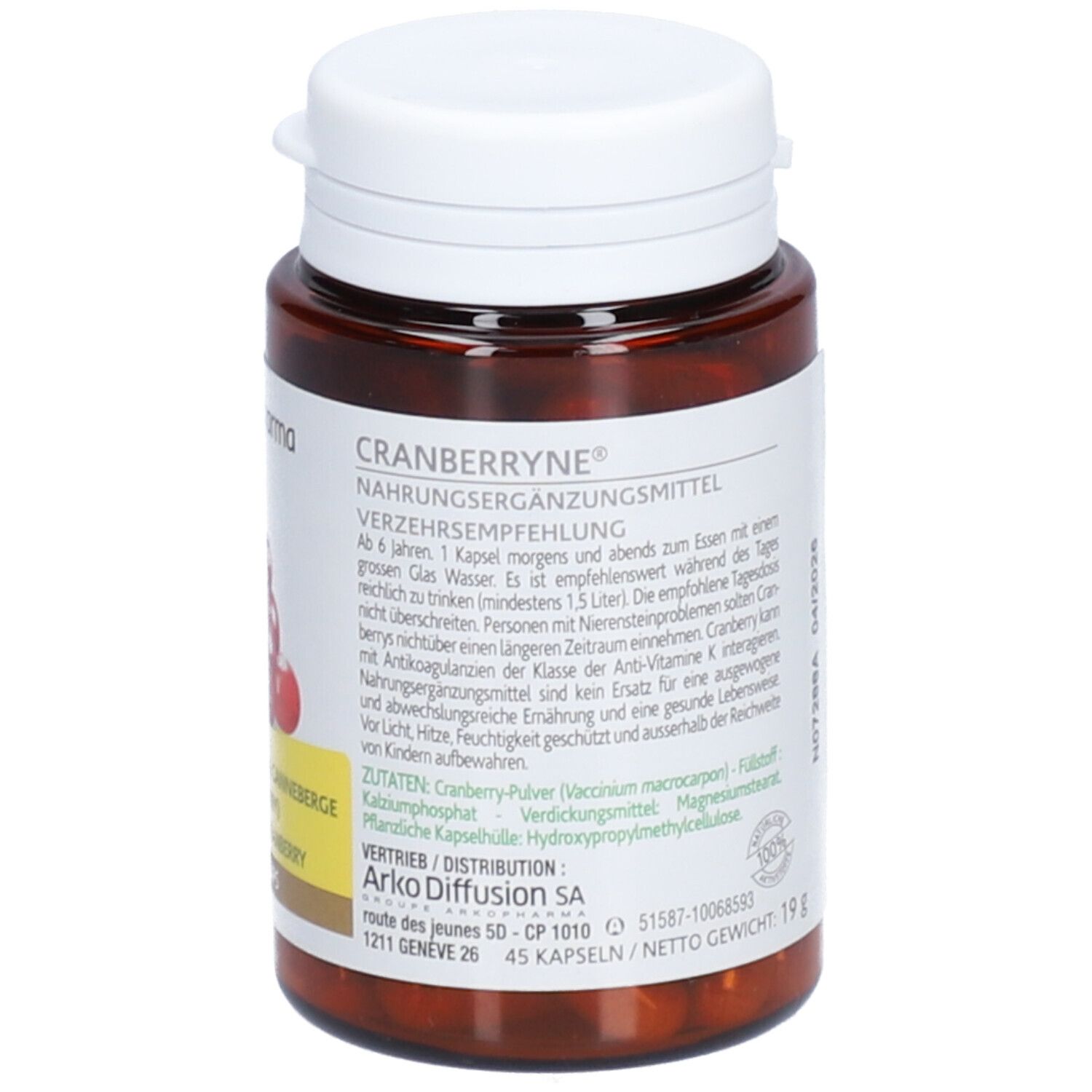 Dos du flacon de gélules. Étiquette avec informations sur le produit et recommandations d'utilisation. Logo Arkopharma.