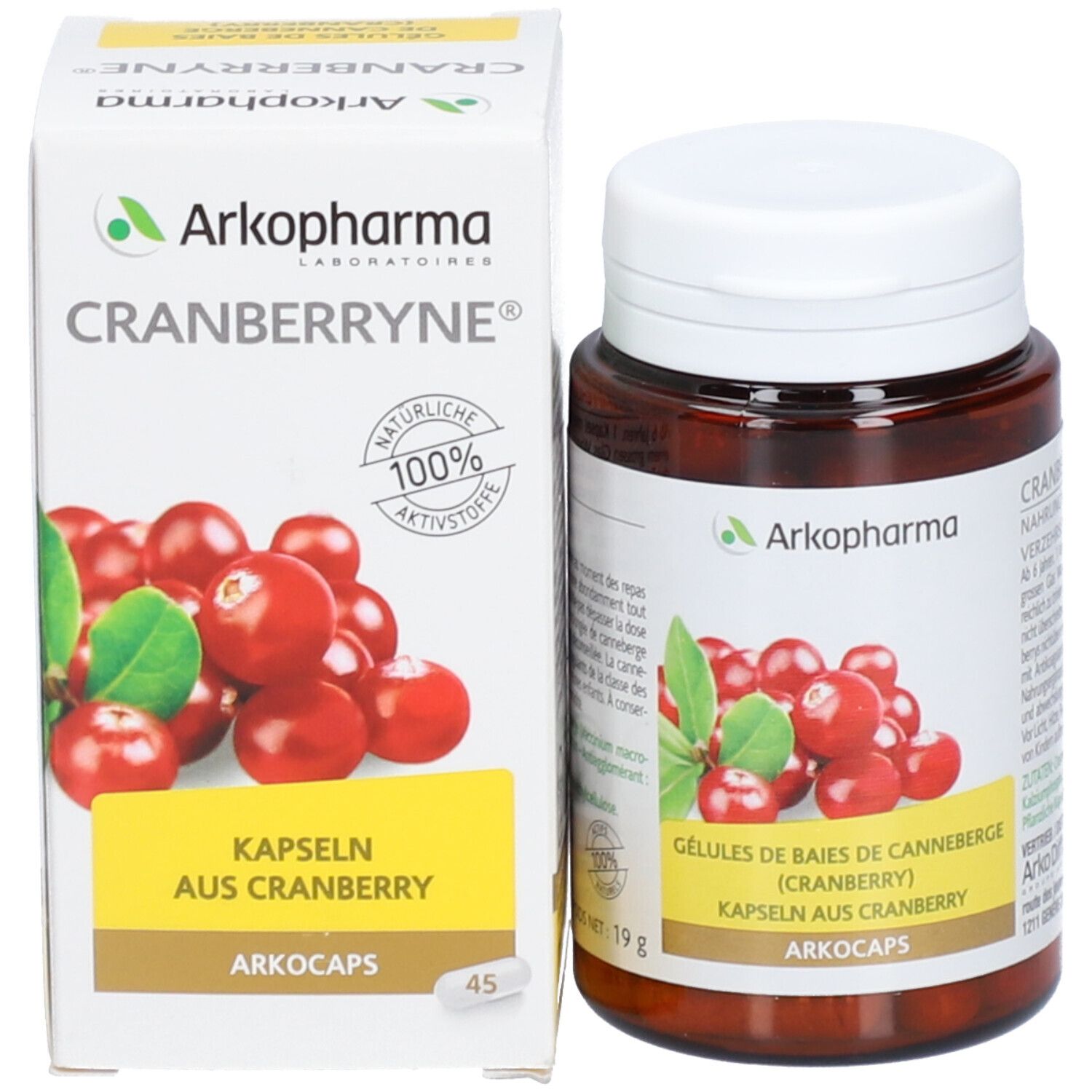 Flacon de gélules et boîte. Boîte avec nom du produit et illustration de canneberges. Logo Arkopharma. 45 gélules.