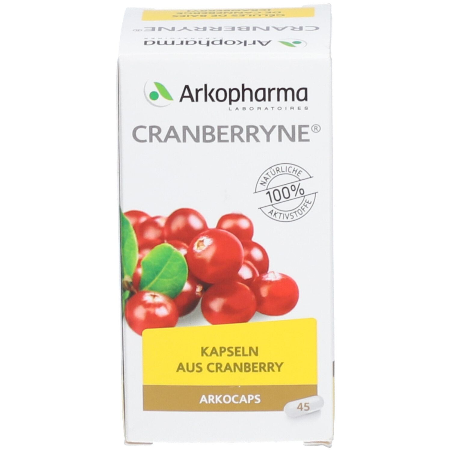Boîte avec nom du produit, illustration de canneberges et logo Arkopharma. 45 gélules. Mention: 100% naturel.