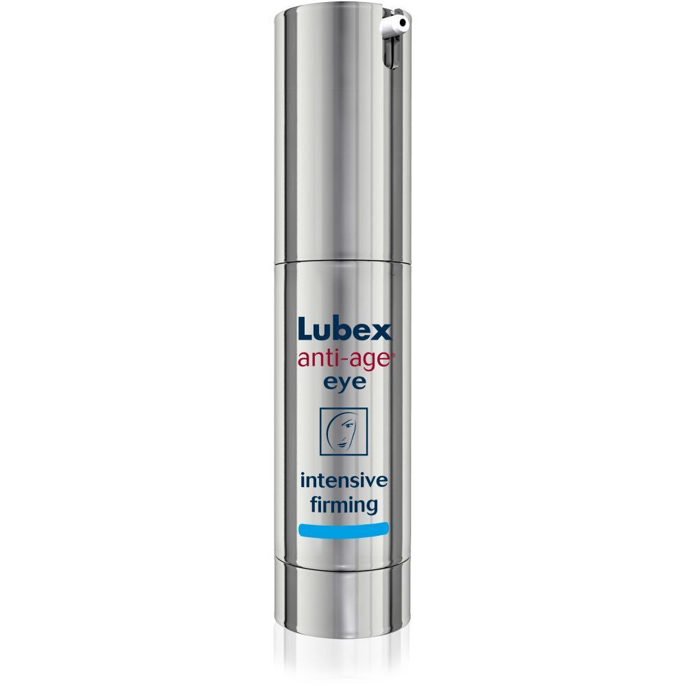 Silberfarbene Tube mit "Lubex anti-age eye"-Aufdruck. Blaue und weiße Schrift. "Intensive firming" darunter.
