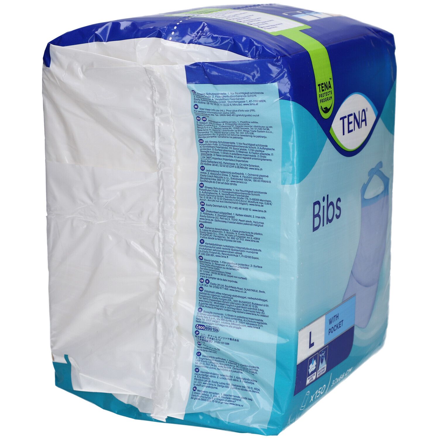 Rückseite der Tena Bibs Verpackung. Produktinformationen in verschiedenen Sprachen. Blau-weißes Design. Enthält 150 Stück.