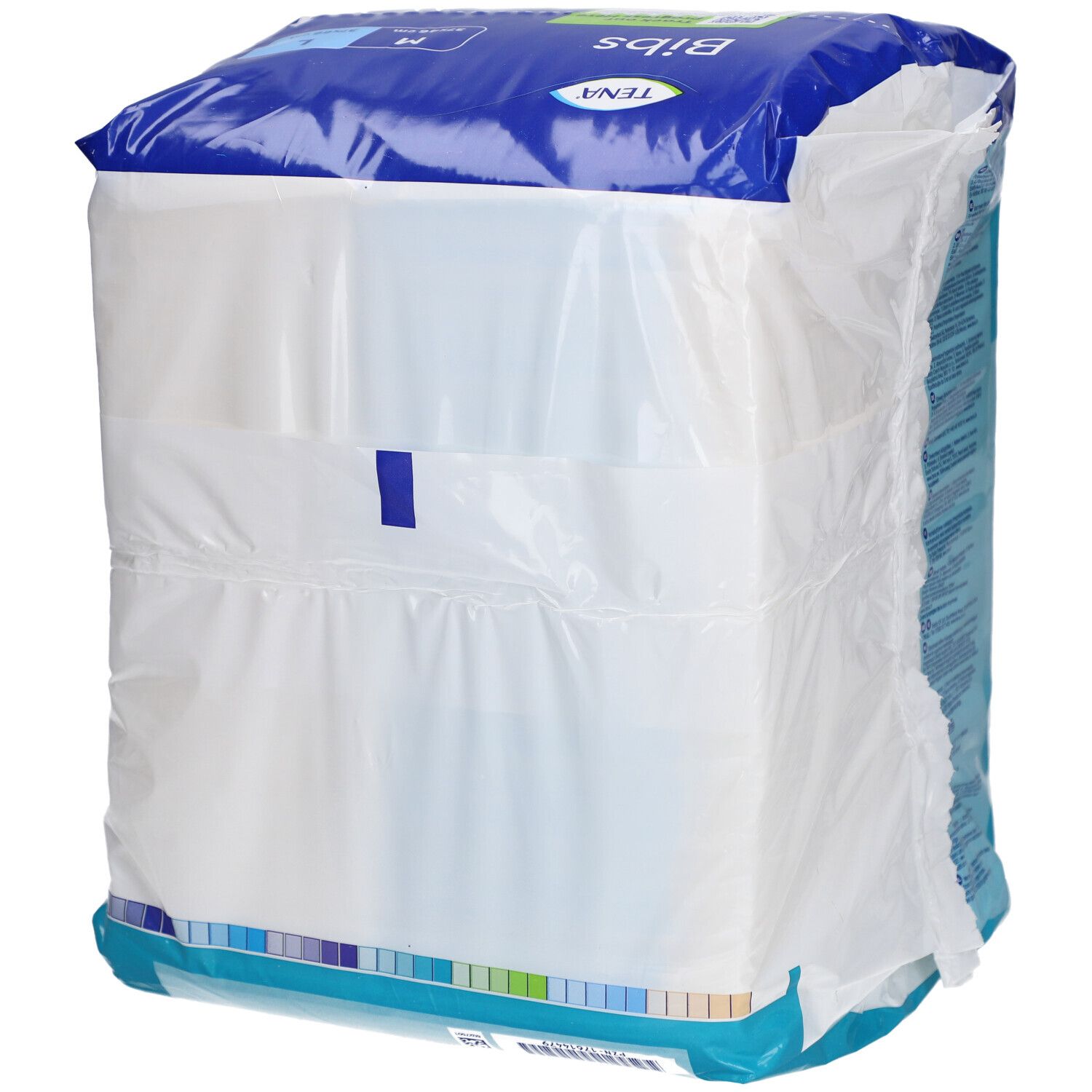 Seitenansicht der Tena Bibs Verpackung. Produktstapel in Folie. Blau-weißes Design. Enthält 150 Stück.