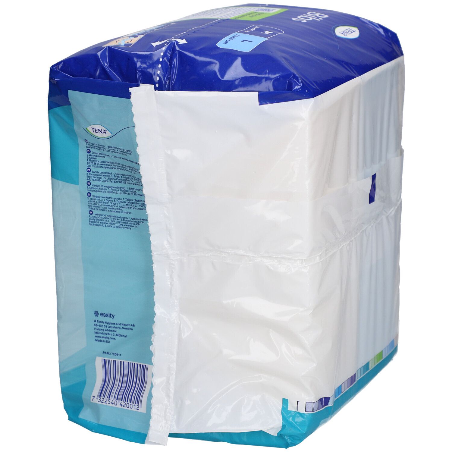 Seitenansicht der Tena Bibs Verpackung. Produktstapel in Folie. Blau-weißes Design. Enthält 150 Stück.