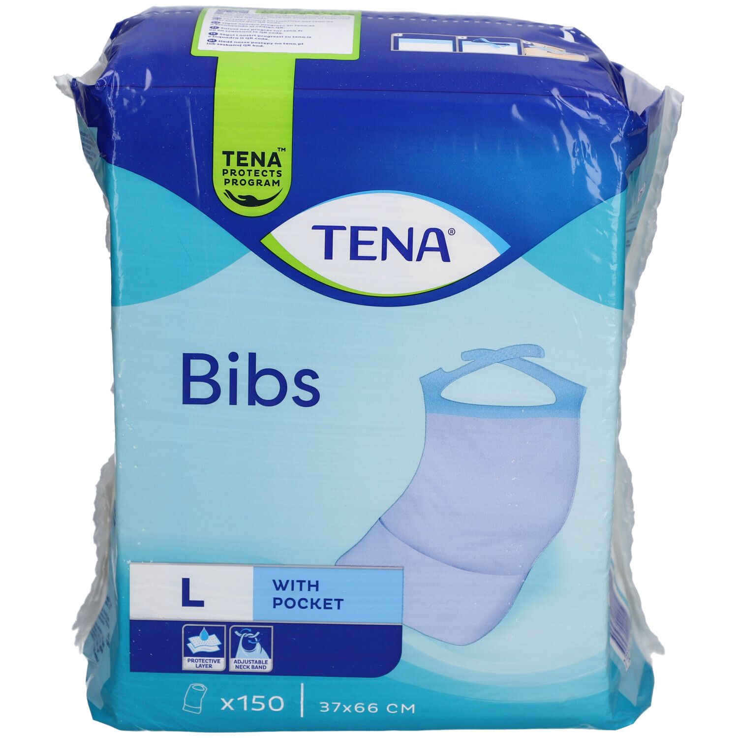 Tena Bibs Verpackung, Größe L, mit Tasche. Enthält 150 Stück. Maße: 37x66 cm. Blau-weißes Design mit Logo und Produktinformationen.