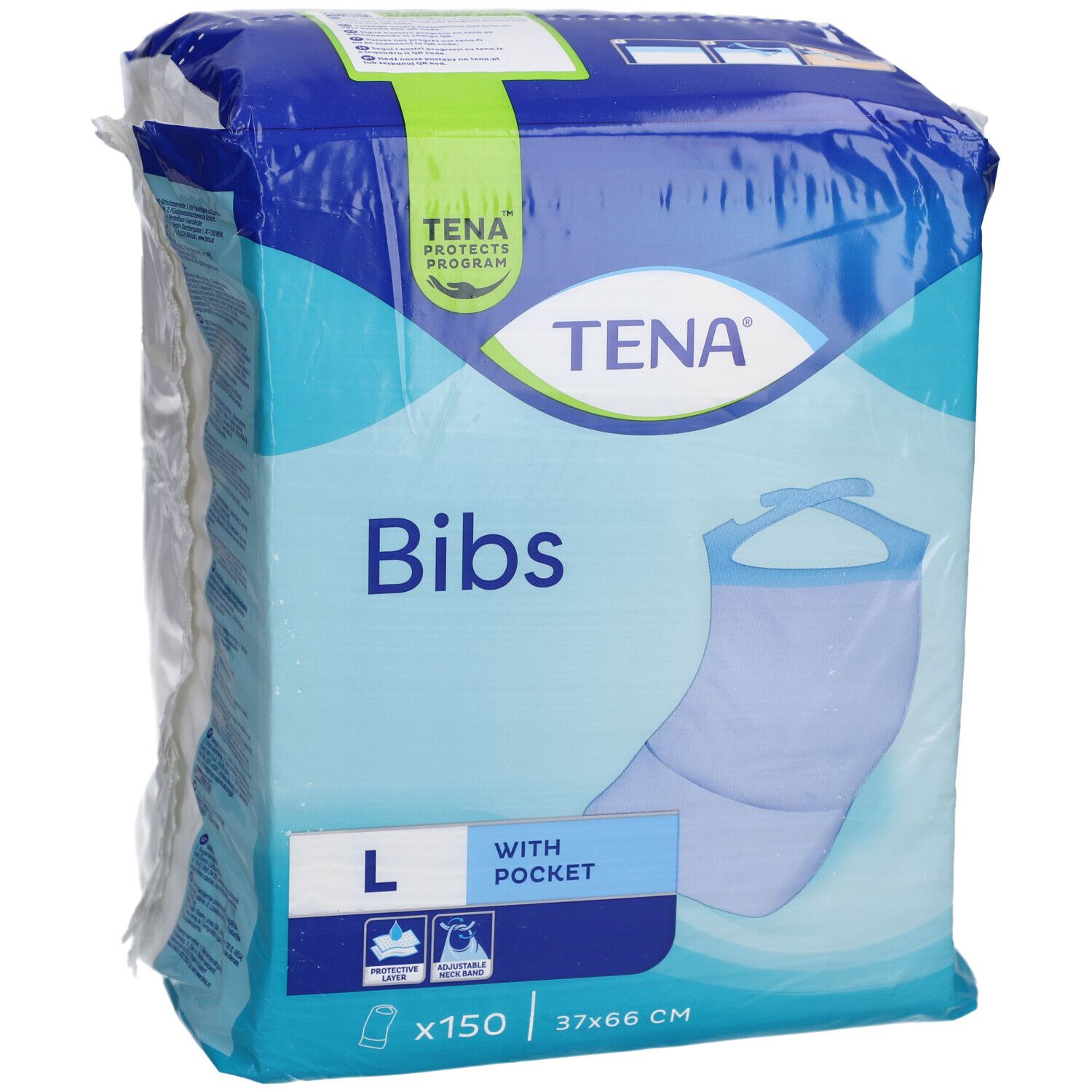Tena Bibs Verpackung, Größe L, mit Tasche. Enthält 150 Stück. Maße: 37x66 cm. Blau-weißes Design mit Logo und Produktinformationen.