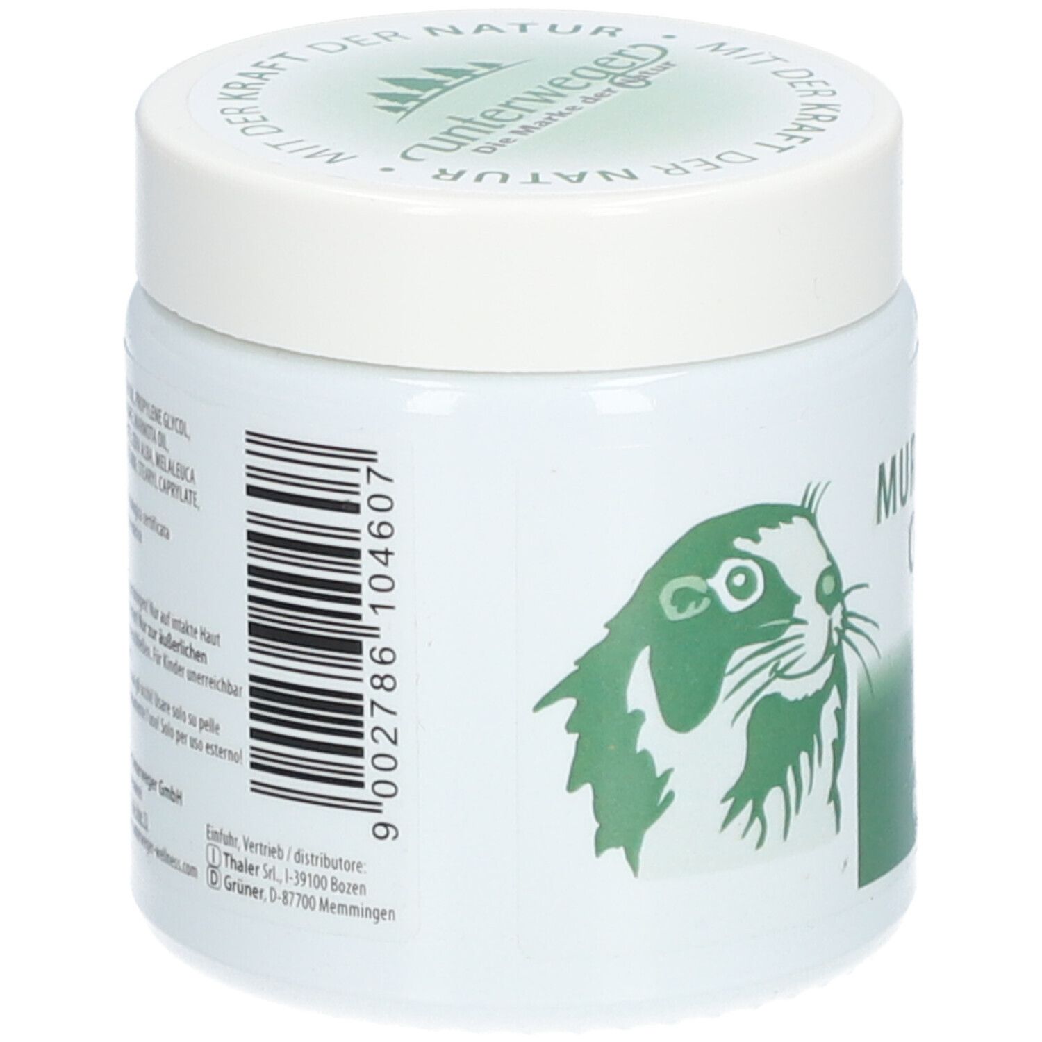 Weißes Tiegel mit grüner Murmeltier-Illustration. Barcode und Text auf der Seite.