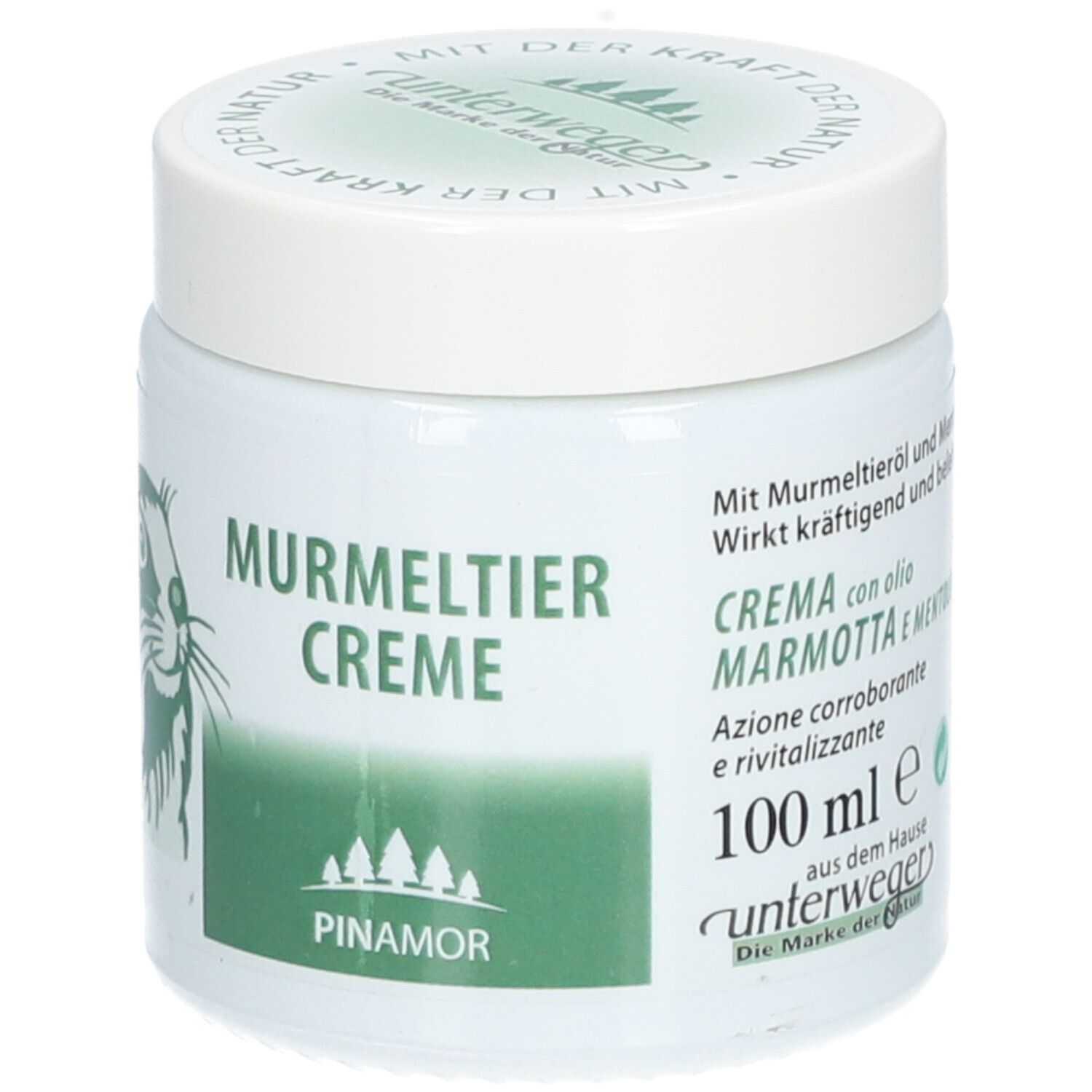 Weißes Tiegel mit grüner Aufschrift und Murmeltier-Illustration. 100 ml Volumenangabe.