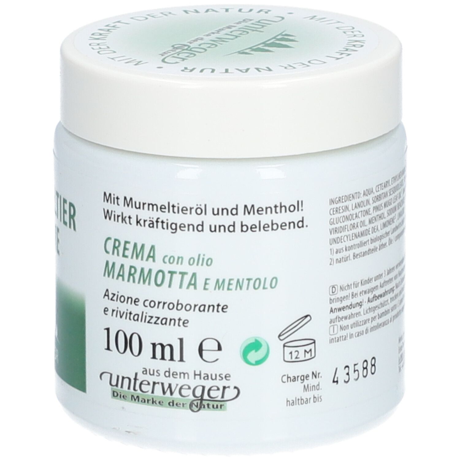 Weißes Tiegel mit grüner Aufschrift und Murmeltier-Illustration. 100 ml Volumenangabe.