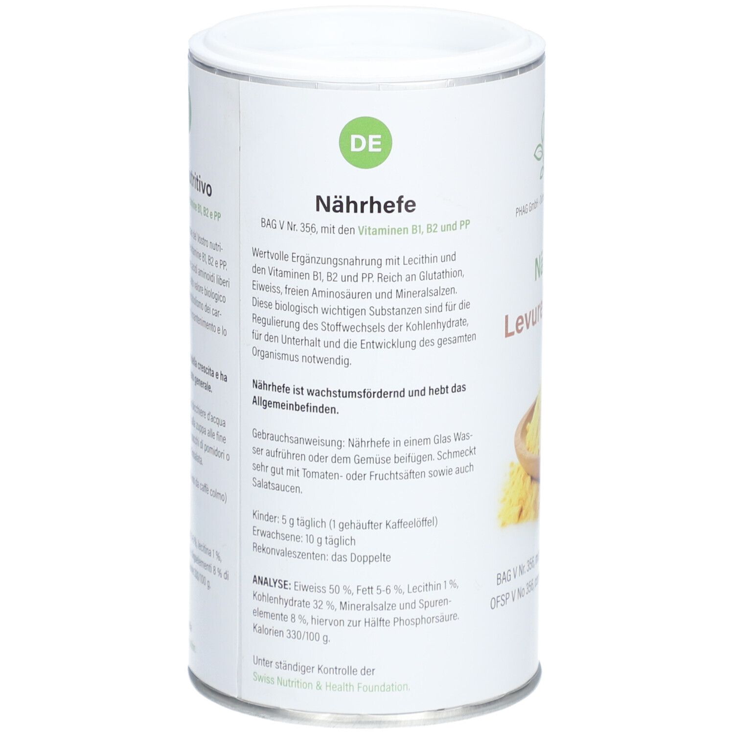 Zylinderdose mit Text in deutscher Sprache. Enthält Nährhefe, Vitamine B1, B2, PP. Mit Analyse: Proteine 50%, Fett 5-6%, Lecithin 1%.