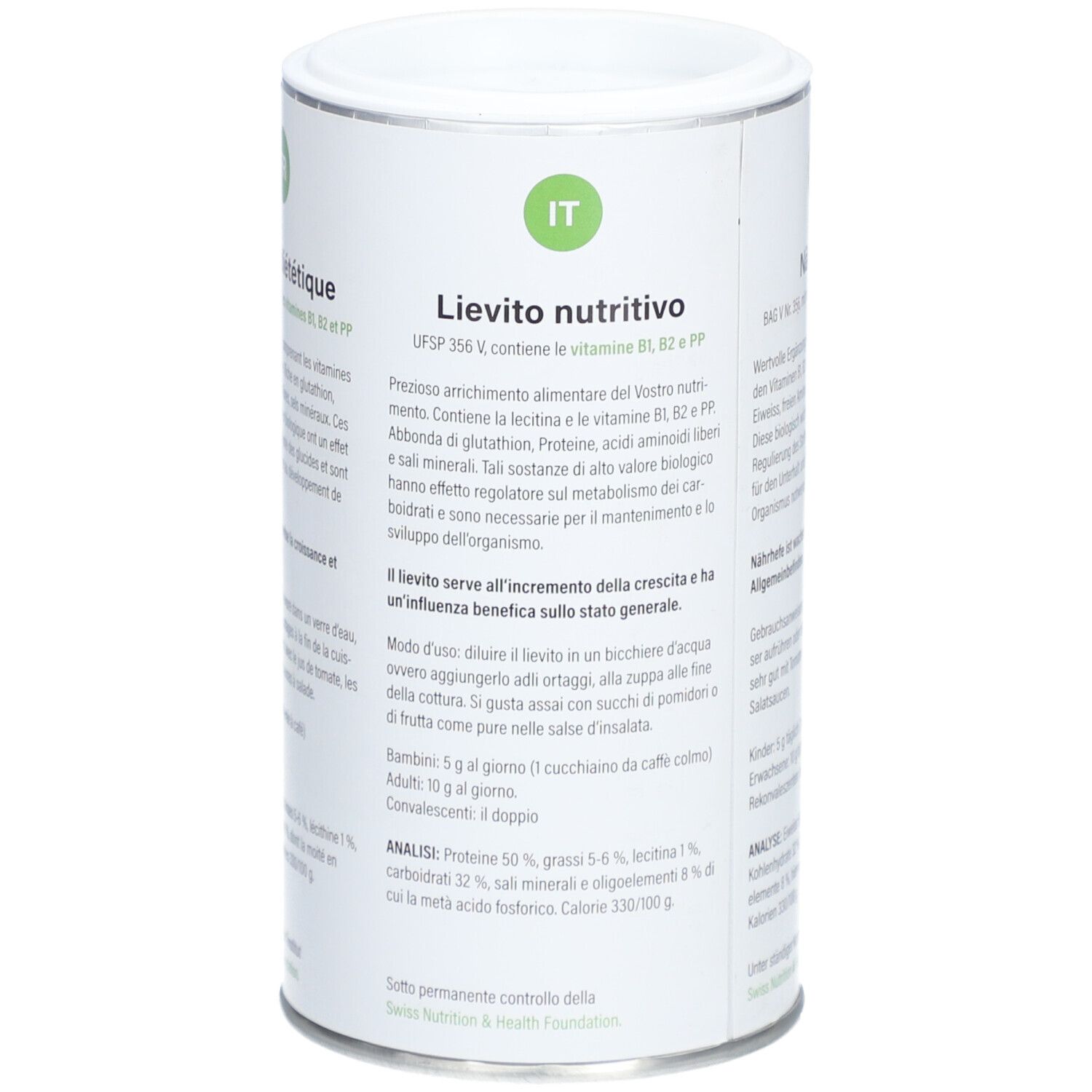 Zylinderdose mit Text in italienischer Sprache. Enthält lievito nutritivo, Vitamine B1, B2, PP. Analyse: Proteine 50%, grassi 5-6%, lecitina 1%.