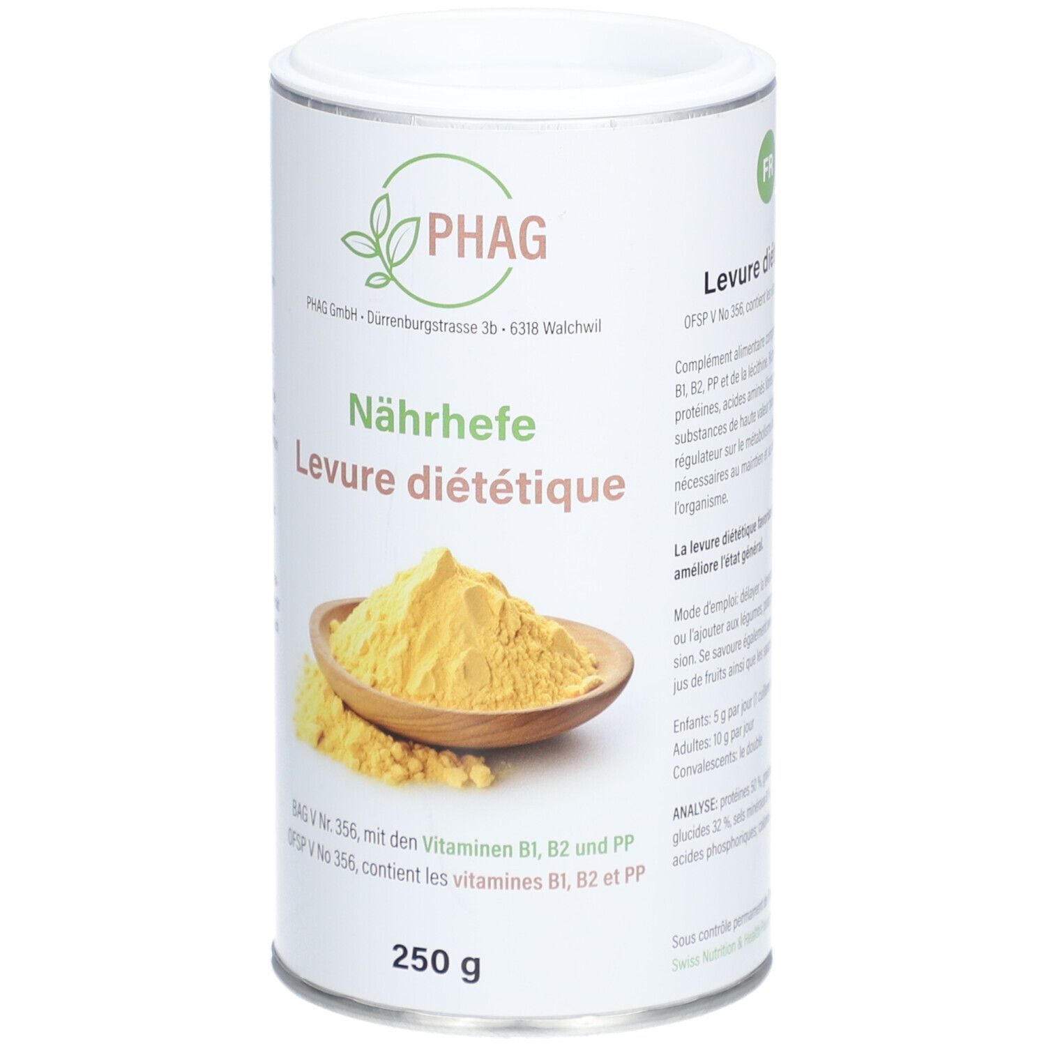 Zylinderdose mit PHAG-Logo und Aufschrift "Nährhefe Levure diététique". Darunter 250 g. Gelbes Pulver in Holzschale.