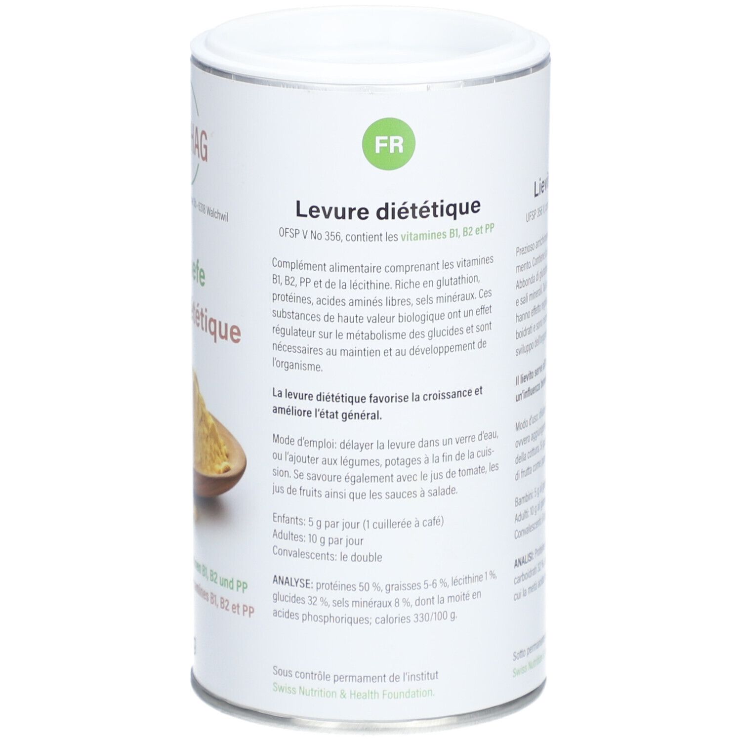 Zylinderdose mit Text in französischer Sprache. Enthält Levure diététique, Vitamine B1, B2, PP. Analyse: Protéines 50%, graisses 5-6%, lécithine 1%.