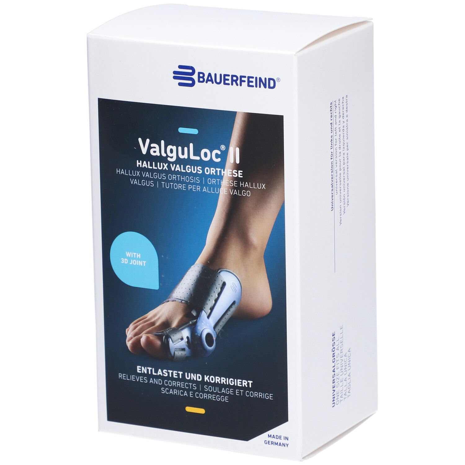 Verpackung der BAUERFEIND ValguLoc II. Produktabbildung: Fuß mit Orthese. Text: Entlastet und korrigiert.