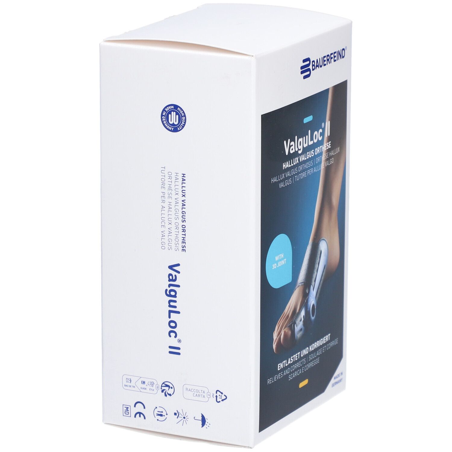 Verpackung der BAUERFEIND ValguLoc II. Seitenansicht. Logo und Produktname. Text: Hallux Valgus Orthese.