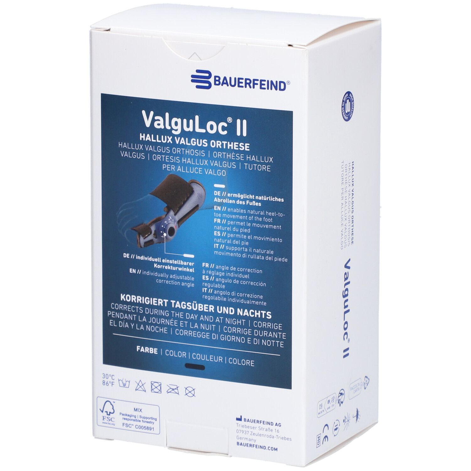 Verpackung der BAUERFEIND ValguLoc II. Produktabbildung und Beschreibung. Text: Korrigiert tagsüber und nachts.