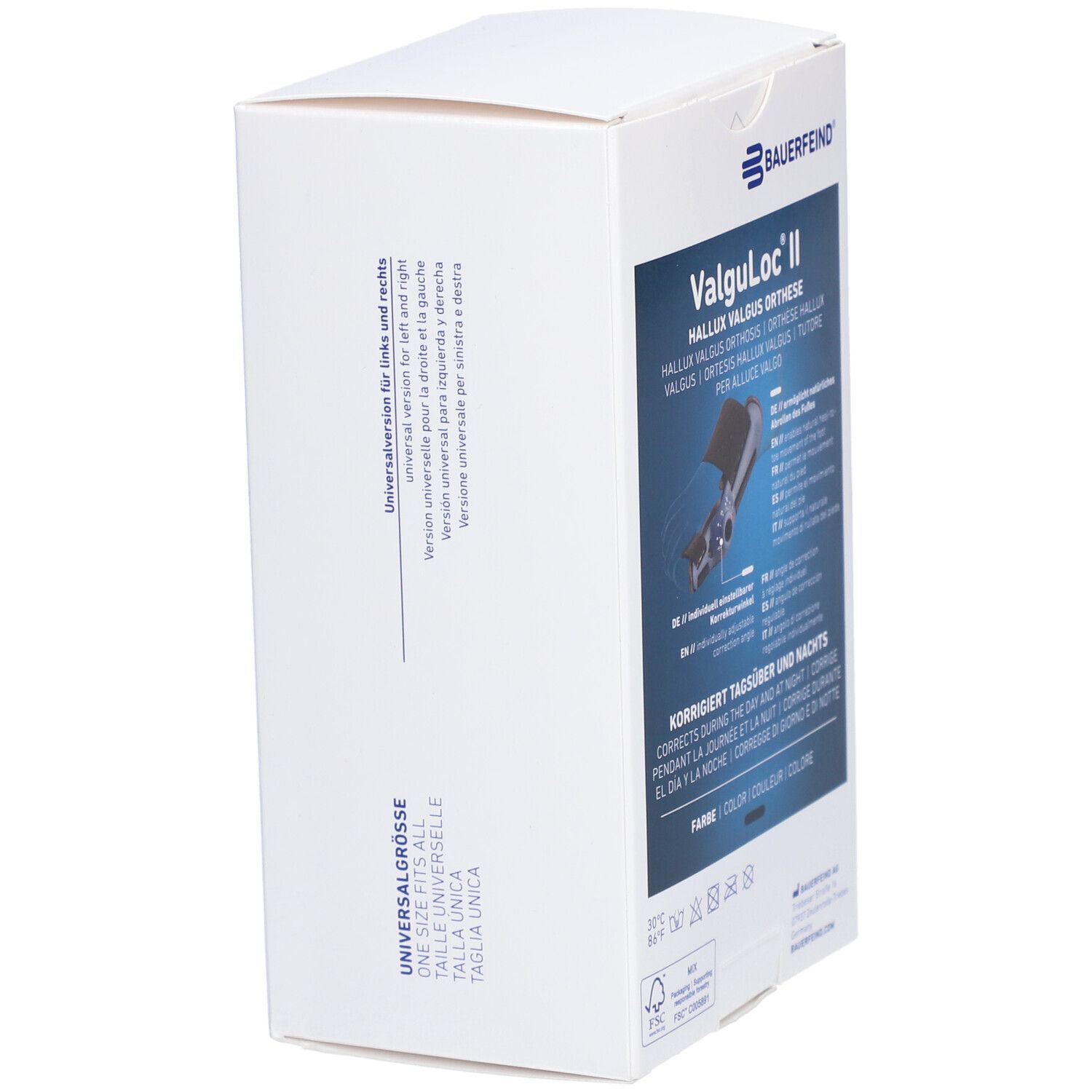 Verpackung der BAUERFEIND ValguLoc II. Text: Universelle Größe. Für links und rechts.