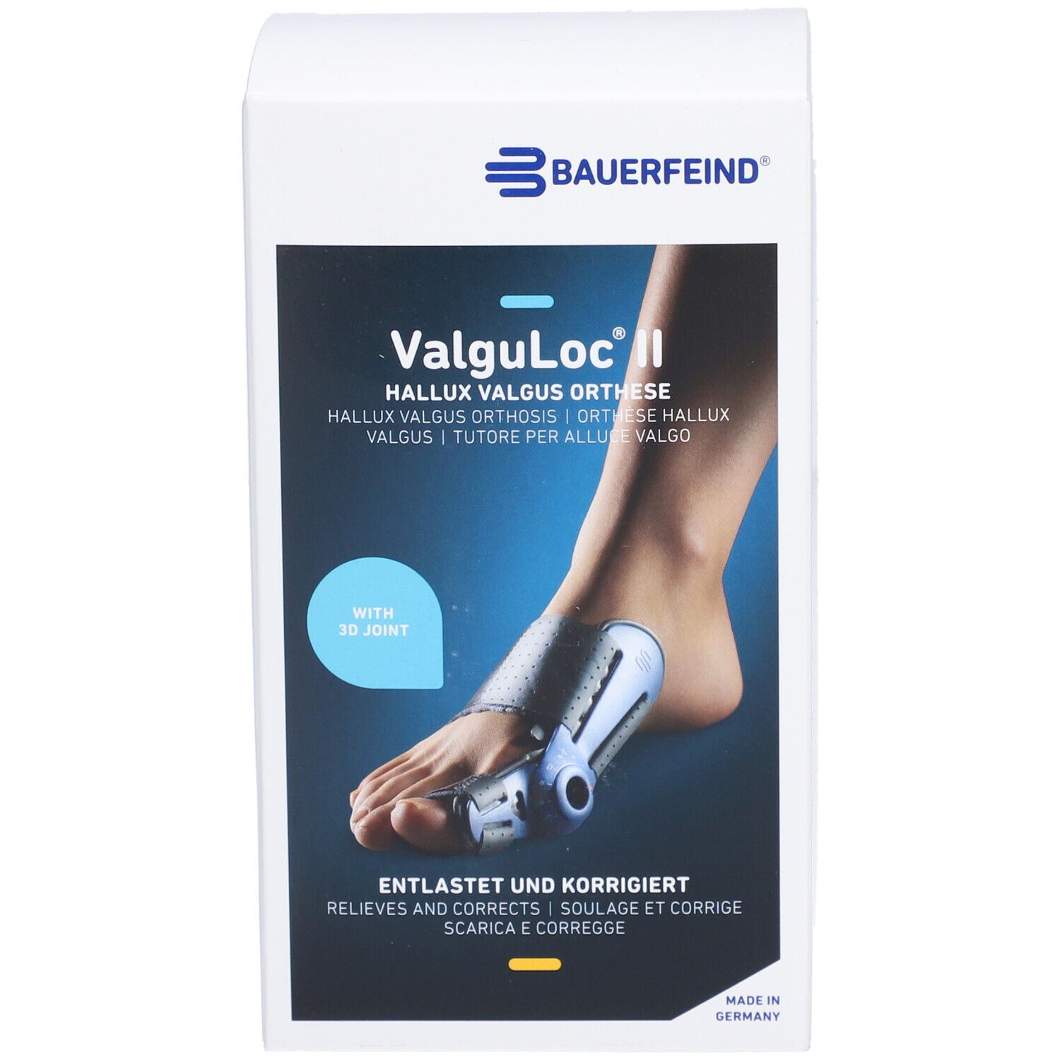 Verpackung der BAUERFEIND ValguLoc II. Produktabbildung: Fuß mit Orthese. Text: Entlastet und korrigiert.