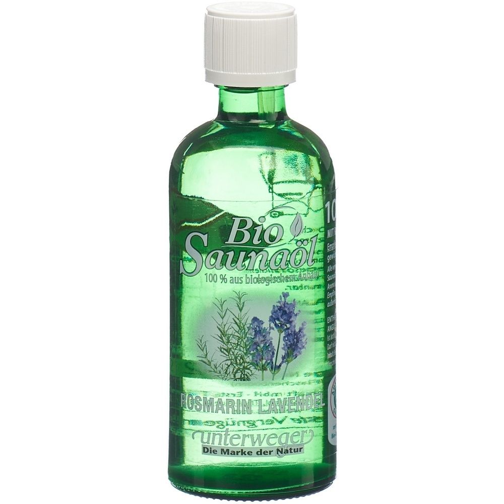 Grüne Glasflasche mit weißem Verschluss. Aufschrift: Bio Saunaöl, Rosmarin Lavendel. Marke: unterweger.
