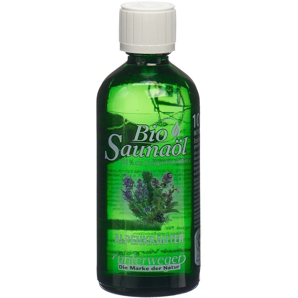 Grüne Glasflasche mit weißem Deckel. Aufschrift: Bio Saunaöl Alpenkräuter. Unterweger Logo.