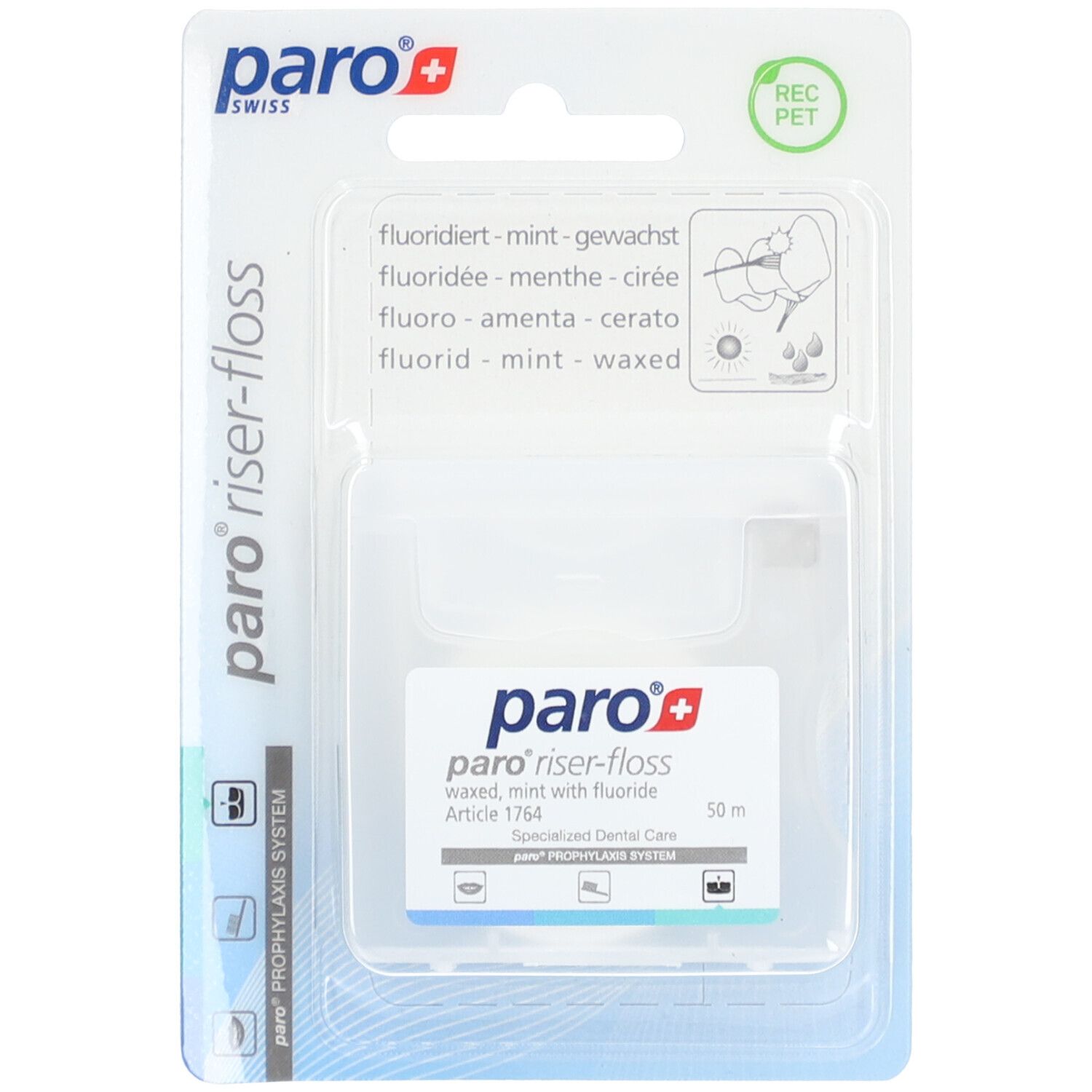 Zahnseide-Packung. Klarer Kunststoffbehälter mit Produktinformationen. "paro riser-floss" und "fluoridiert-mint-gewachst" sichtbar.