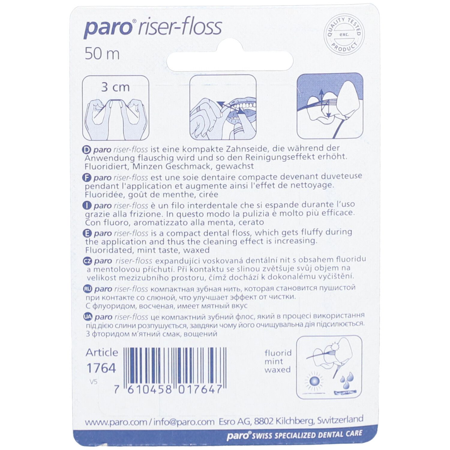Rückseite der Zahnseide-Verpackung. Text und Illustrationen. "paro riser-floss" und "50 m" sind sichtbar. Abbildung: 3 cm.