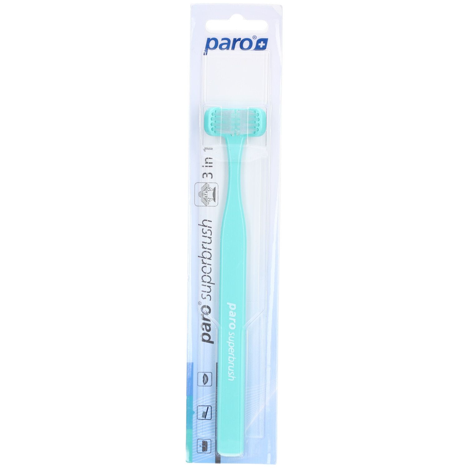 Zahnbürste paro superbrush, hellblau, Dreikopfbürste, in Verpackung.