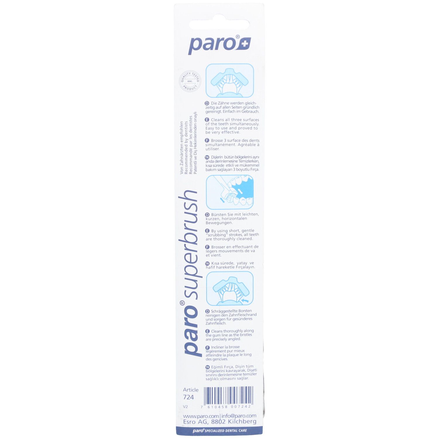 Rückseite der Verpackung der Zahnbürste paro superbrush mit Produktinformationen.
