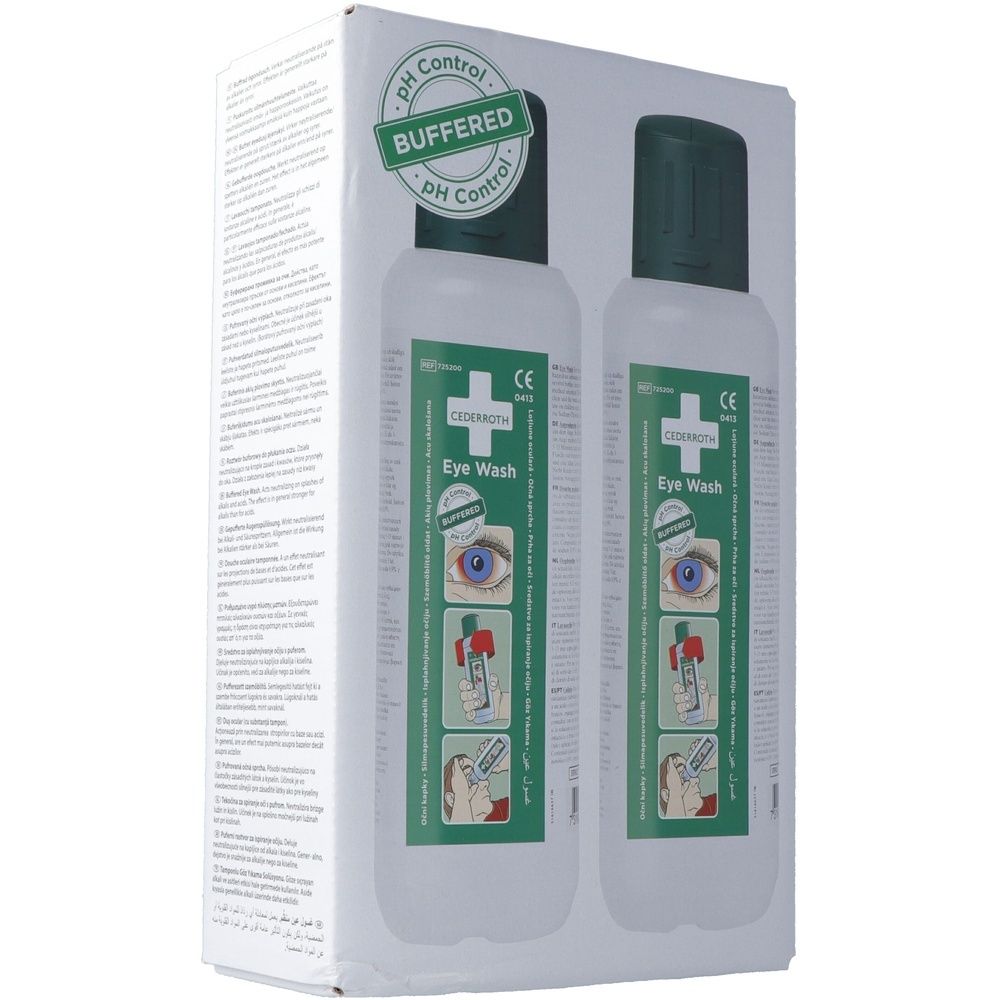 Verpackung mit zwei Flaschen. Weiße Flaschen mit grünen Kappen. Aufschrift: Eye Wash. pH-Kontrolle.