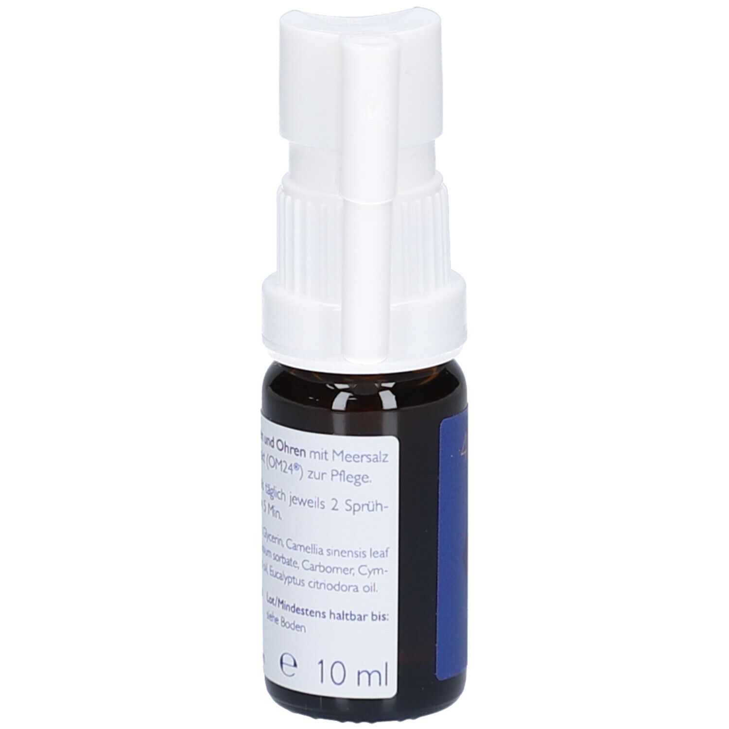 Braune Glasflasche mit weißem Sprühkopf. Blaue Etikett mit Text. 10 ml.